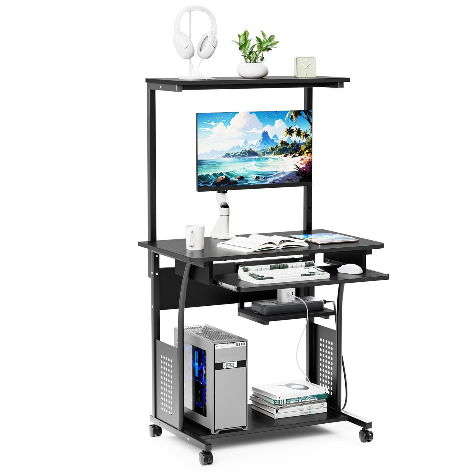 DEWEL パソコンデスク 机 pcデスク パソコンラック 収納ラック付き 木製 テーブル 木目柄 キャスター キーボードテーブル付き PCラック 省スペース シンプル メラミン加工 ワークデスク学習机 80X50X135cm