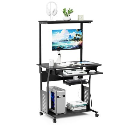 DEWEL パソコンデスク 机 pcデスク パソコンラック 収納ラック付き 木製 テーブル 木目柄 キャスター キーボードテーブル付き PCラック 省スペース シンプル メラミン加工 ワークデスク学習机 80X50X135cm