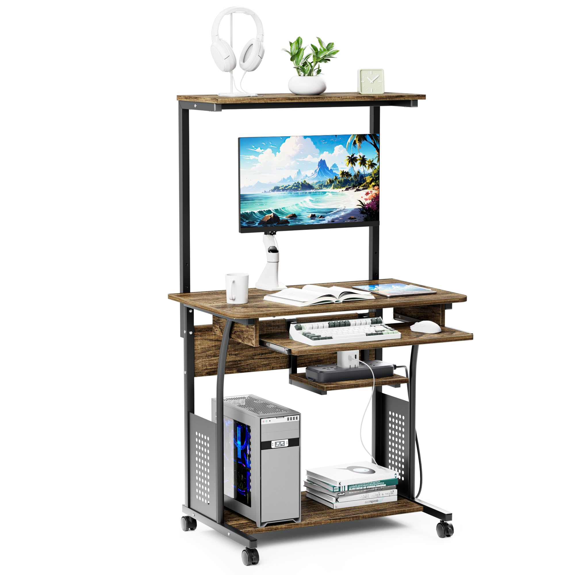 DEWEL パソコンデスク 机 pcデスク パソコンラック 収納ラック付き 木製 テーブル 木目柄 キャスター キーボードテーブル付き PCラック 省スペース シンプル メラミン加工 ワークデスク学習机 80X50X135cm