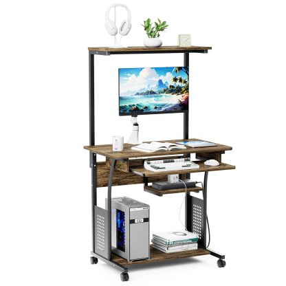 DEWEL パソコンデスク 机 pcデスク パソコンラック 収納ラック付き 木製 テーブル 木目柄 キャスター キーボードテーブル付き PCラック 省スペース シンプル メラミン加工 ワークデスク学習机 80X50X135cm