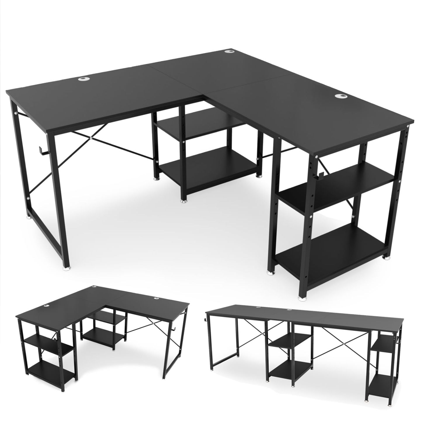 DEWEL ゲーミングデスク 幅140cm/220cm 奥行60cm 左右入替え可能 パソコンデスク pcデスク l字デスク l字/一字変換可能 可動棚付 横揺れ&グラつき防止 木製 140X60X75cm/220X60X75cm