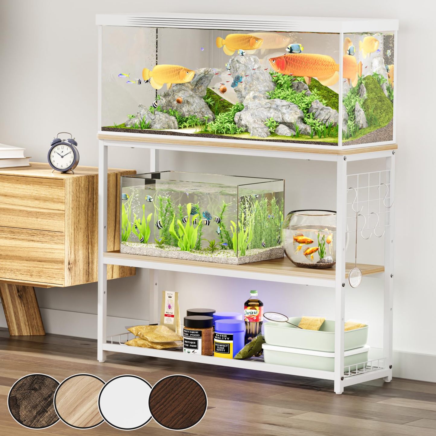 DEWEL 水槽台 幅90cm 水槽棚 水槽スタンド 90cm水槽用 組立式水槽台 ラック ウッドデコスタンド 三段式 中棚板高さ調整 フック付き 総耐荷重約120kg 頑丈 錆びにくい シェルフ アジャスター付き 奥行き30cm×高さ70cm