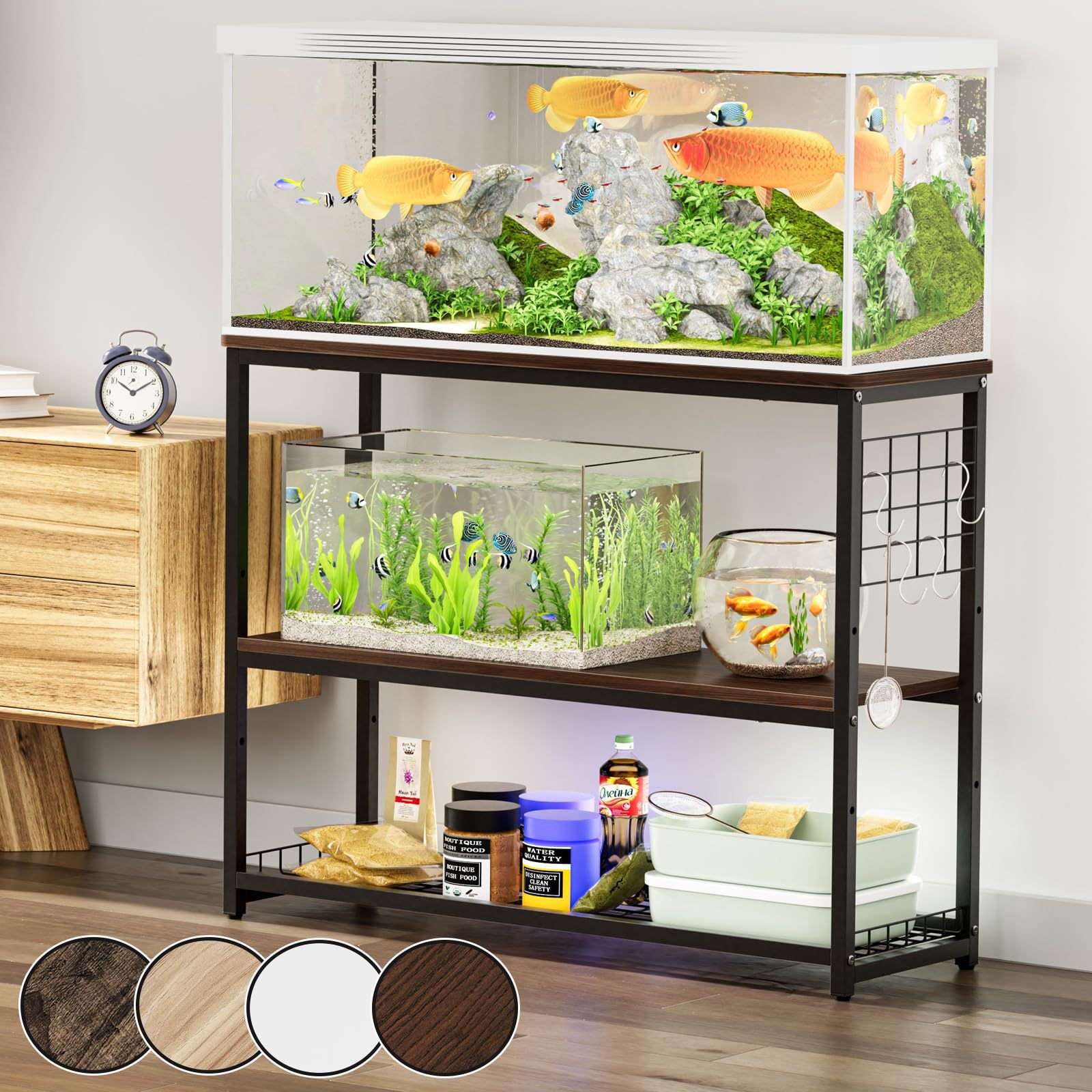 DEWEL 水槽台 幅90cm 水槽棚 水槽スタンド 90cm水槽用 組立式水槽台 ラック ウッドデコスタンド 三段式 中棚板高さ調整 フック付き 総耐荷重約120kg 頑丈 錆びにくい シェルフ アジャスター付き 奥行き30cm×高さ70cm