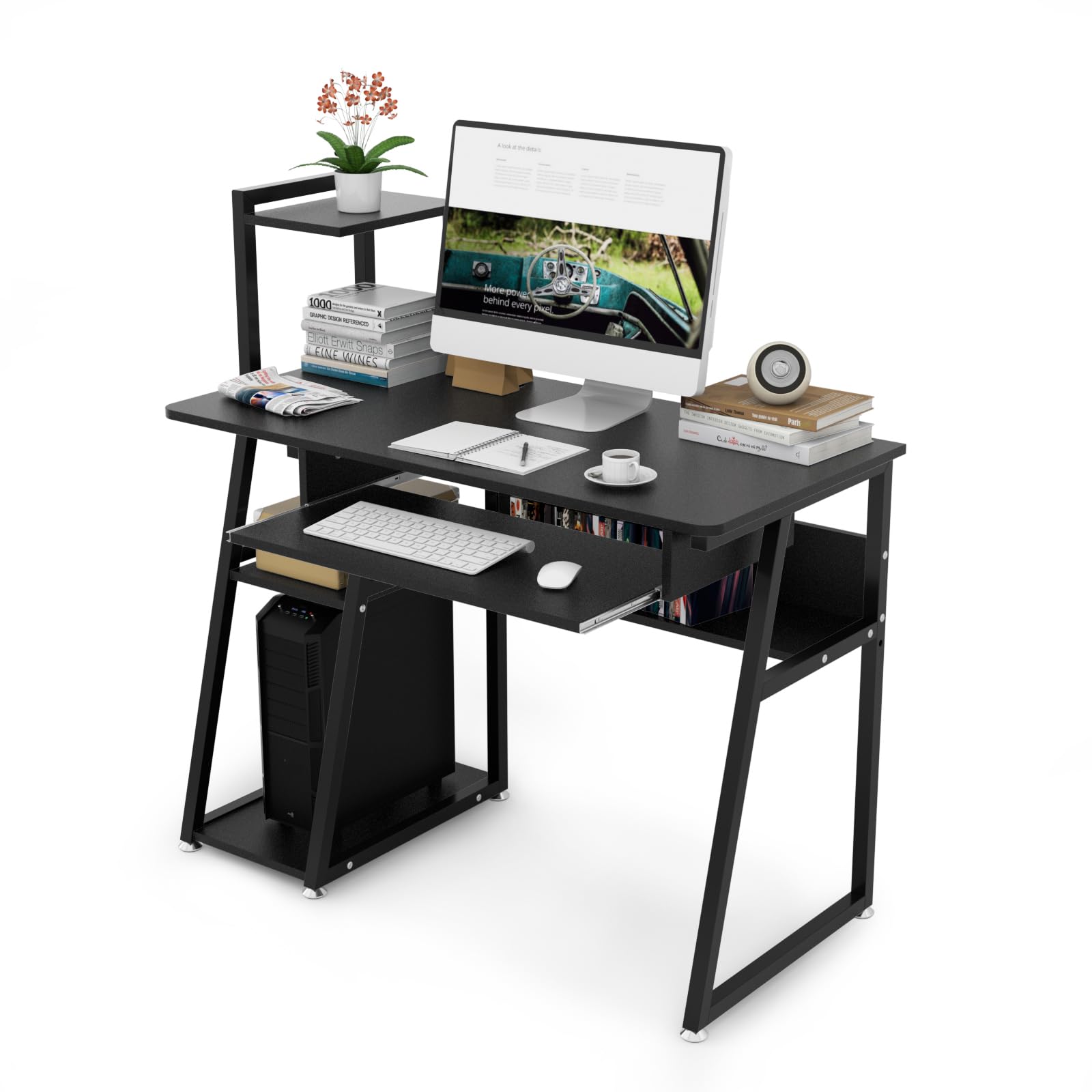 パソコンデスク キーボードスライダー付 天板幅100cm DEWEL PCデスク 机 3段収納ラック付 モニターアーム取付対応 ワークデスク ゲーミングデスク アジャスター付 総耐荷重100kg 傷・汚れ・水分・熱に強い天板(メラミン加工) 省スペース 組立簡単 勉強机 学習机 学習デスク 棚付デスク 木製 おしゃれ 書斎 在宅勤務 テレワーク 組立後幅102.5×奥行50cm