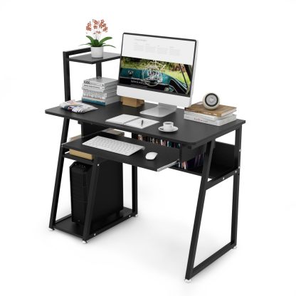 パソコンデスク キーボードスライダー付 天板幅100cm DEWEL PCデスク 机 3段収納ラック付 モニターアーム取付対応 ワークデスク ゲーミングデスク アジャスター付 総耐荷重100kg 傷・汚れ・水分・熱に強い天板(メラミン加工) 省スペース 組立簡単 勉強机 学習机 学習デスク 棚付デスク 木製 おしゃれ 書斎 在宅勤務 テレワーク 組立後幅102.5×奥行50cm