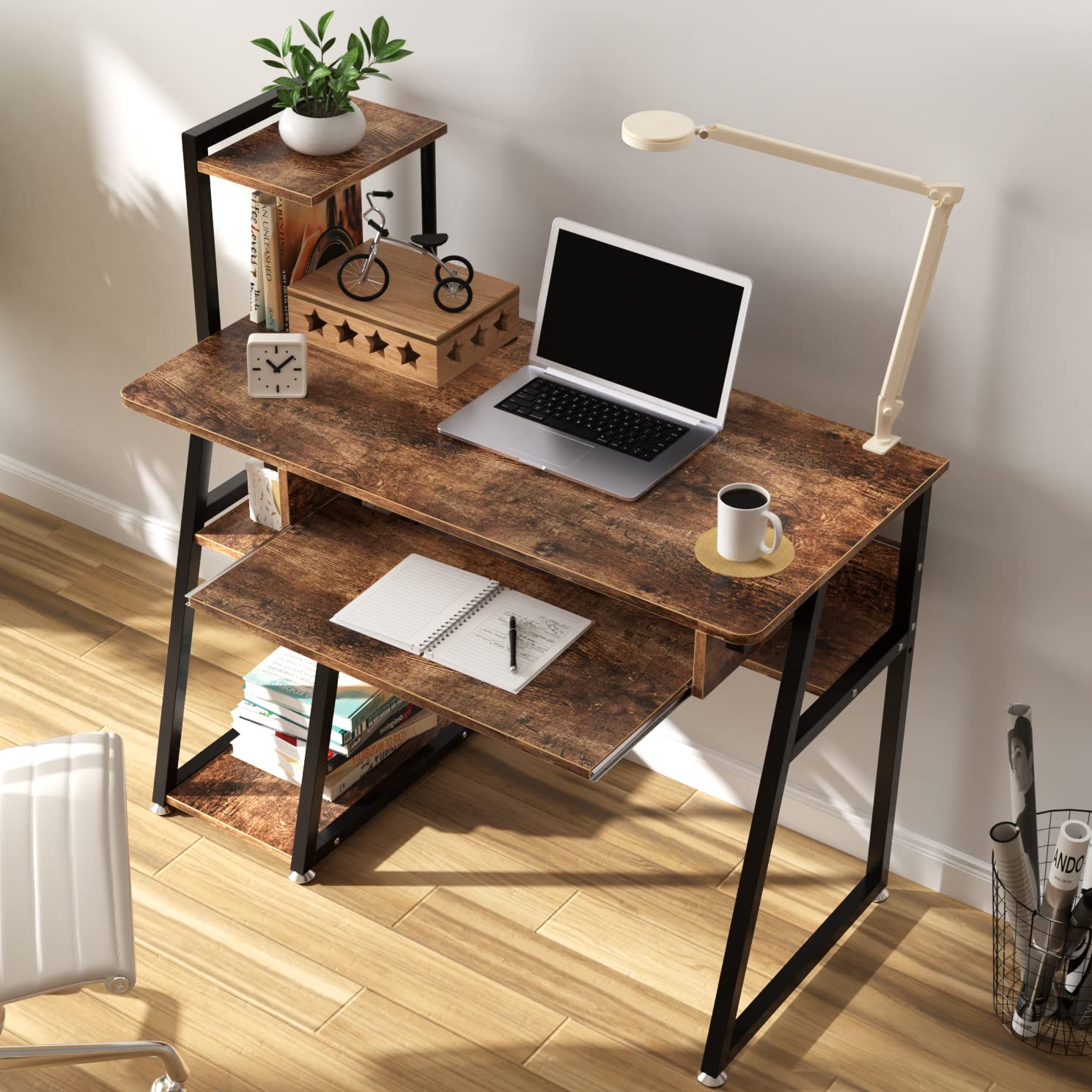 パソコンデスク キーボードスライダー付 天板幅100cm DEWEL PCデスク 机 3段収納ラック付 モニターアーム取付対応 ワークデスク