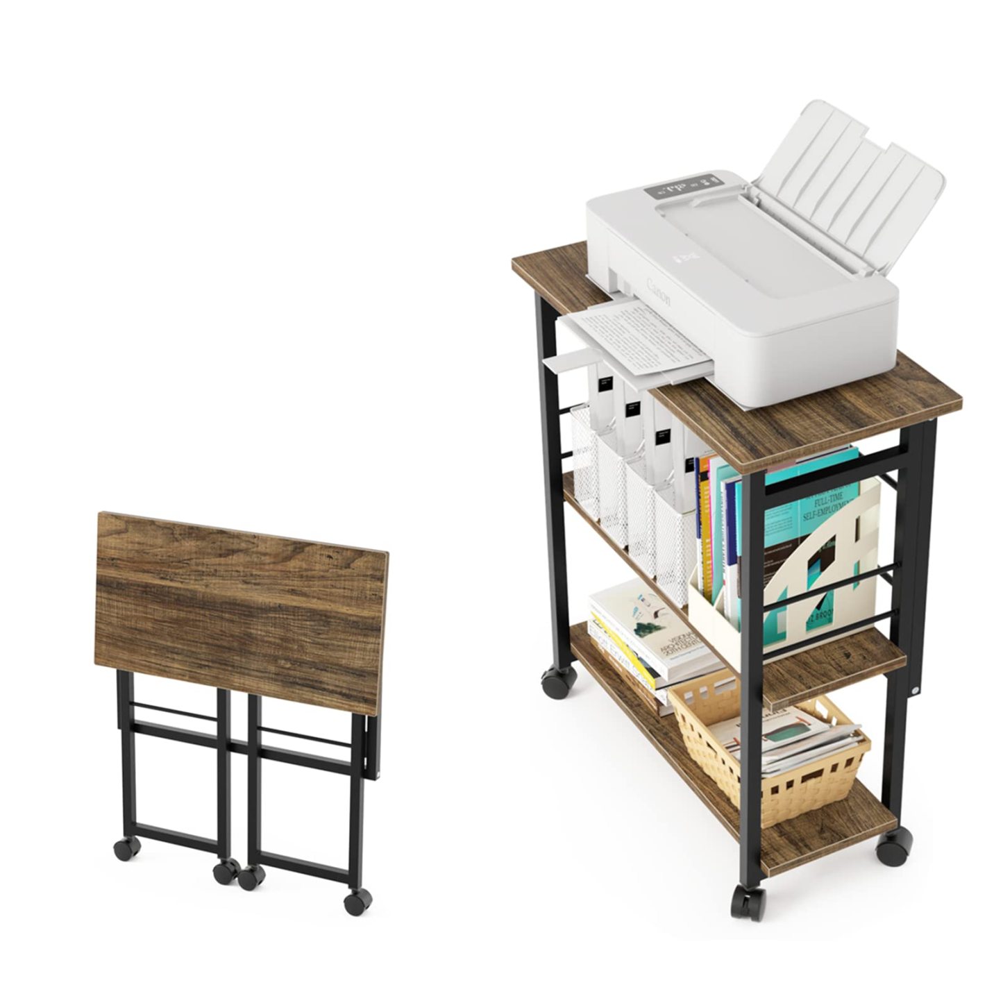 DEWEL 収納ラック 折りたたみ式 キャスター付き 3段ラック 薄型シェルフ 棚 収納棚 押入れ収納ラック プリンタ台 プリンタラック サ