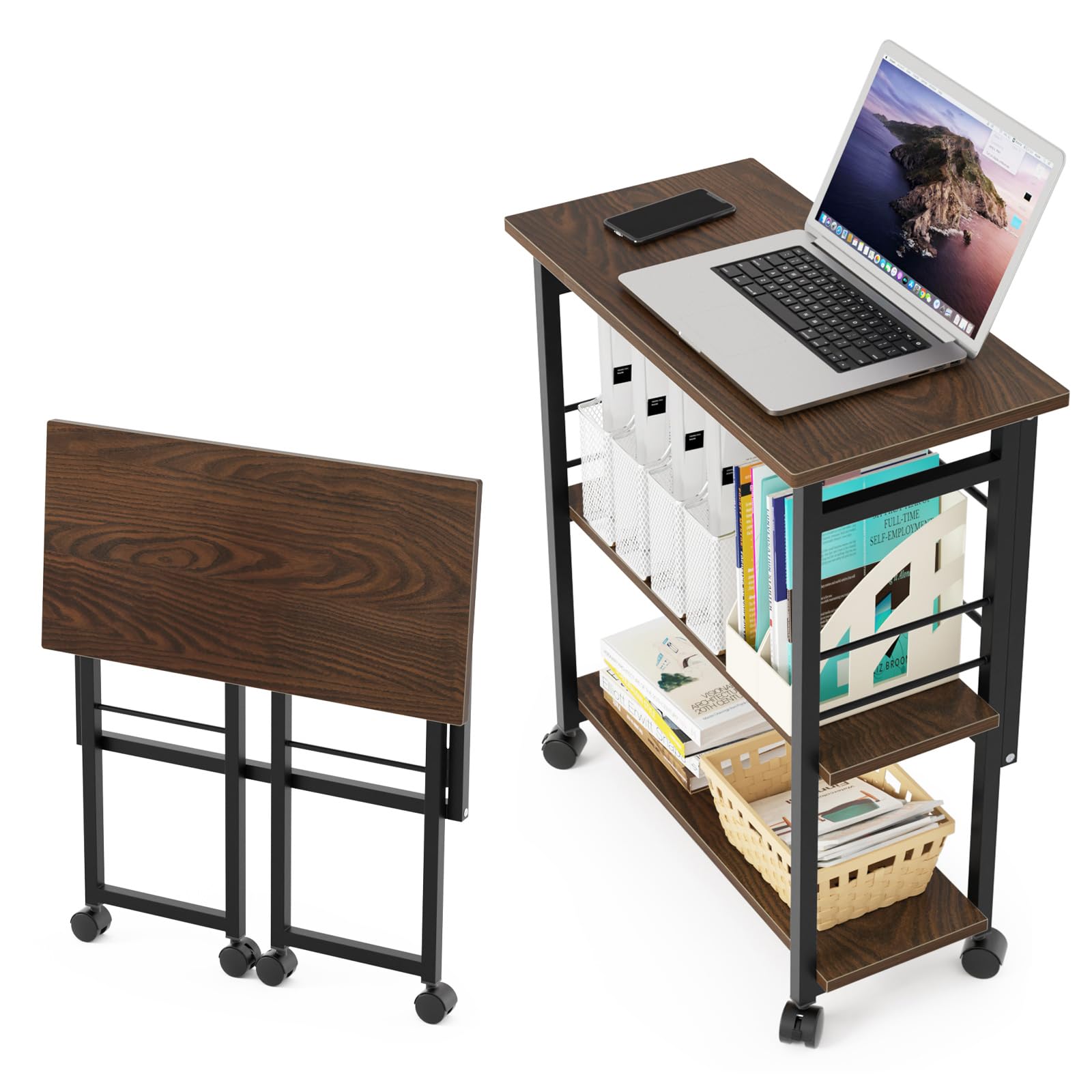 DEWEL 収納ラック 折りたたみ式 キャスター付き 3段ラック 薄型シェルフ 棚 収納棚 押入れ収納ラック プリンタ台 プリンタラック サイドラック サイドワゴン 机下 テーブル下 移動可能 組立簡単 隙間収納 小物収納 リビング ダイニング 玄関 隙間 すき間 シンプル ナチュラル おしゃれ 幅60×奥行30×高さ70cm