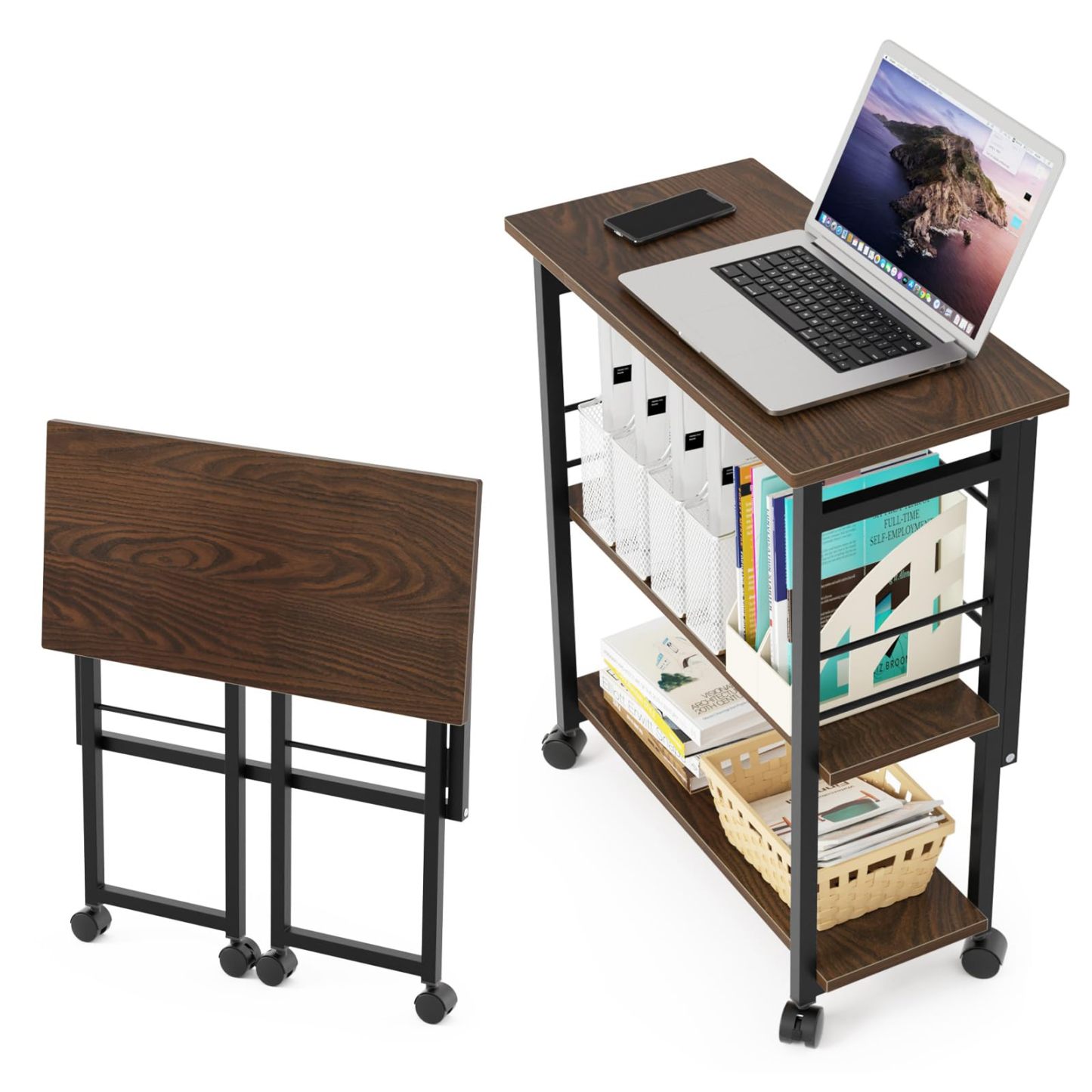 DEWEL 収納ラック 折りたたみ式 キャスター付き 3段ラック 薄型シェルフ 棚 収納棚 押入れ収納ラック プリンタ台 プリンタラック サイドラック サイドワゴン 机下 テーブル下 移動可能 組立簡単 隙間収納 小物収納 リビング ダイニング 玄関 隙間 すき間 シンプル ナチュラル おしゃれ 幅60×奥行30×高さ70cm