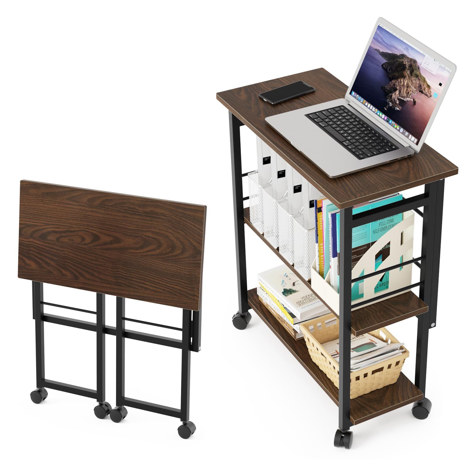 DEWEL 収納ラック 折りたたみ式 キャスター付き 3段ラック 薄型シェルフ 棚 収納棚 押入れ収納ラック プリンタ台 プリンタラック サイドラック サイドワゴン 机下 テーブル下 移動可能 組立簡単 隙間収納 小物収納 リビング ダイニング 玄関 隙間 すき間 シンプル ナチュラル おしゃれ 幅60×奥行30×高さ70cm