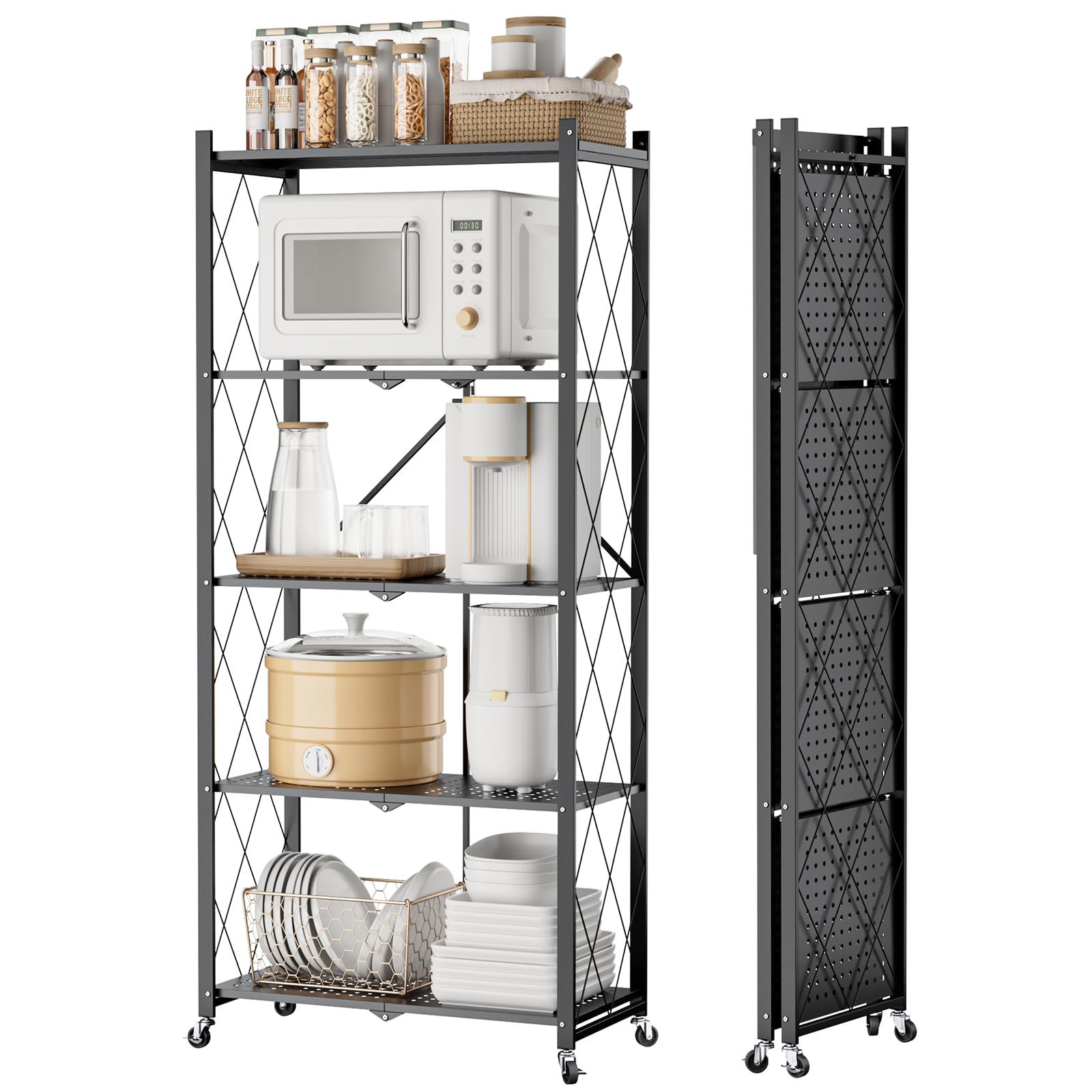 DEWEL 折り畳みラック 折りたたみ式スチールラック メタルラック 5層 幅71CM 360°キャスター付き ラック 収納ラック 収納棚 オープンラック 移動便利 防サビ加工 組立簡単 レンジ台 食器棚 寝室 書斎 応接間 幅71×奥行35×高さ161cm