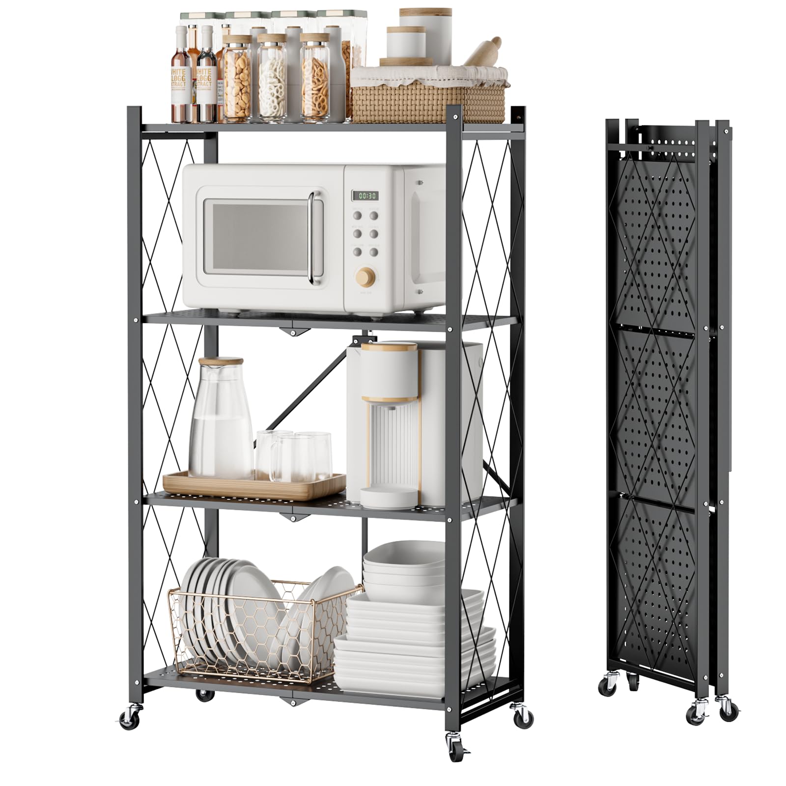 DEWEL【折り畳み式】レンジラック 折り畳みラック 4段 幅71×奥行34×高さ124cm キャスター付き スチールラック レンジ棚 耐荷重25kg*1層あたり 頑丈 オープンラック キッチンラック 食器棚/炊飯器/電子レンジ/書類ボックス/衣類収納ケース 一体型ラック (ブラック, 4段)
