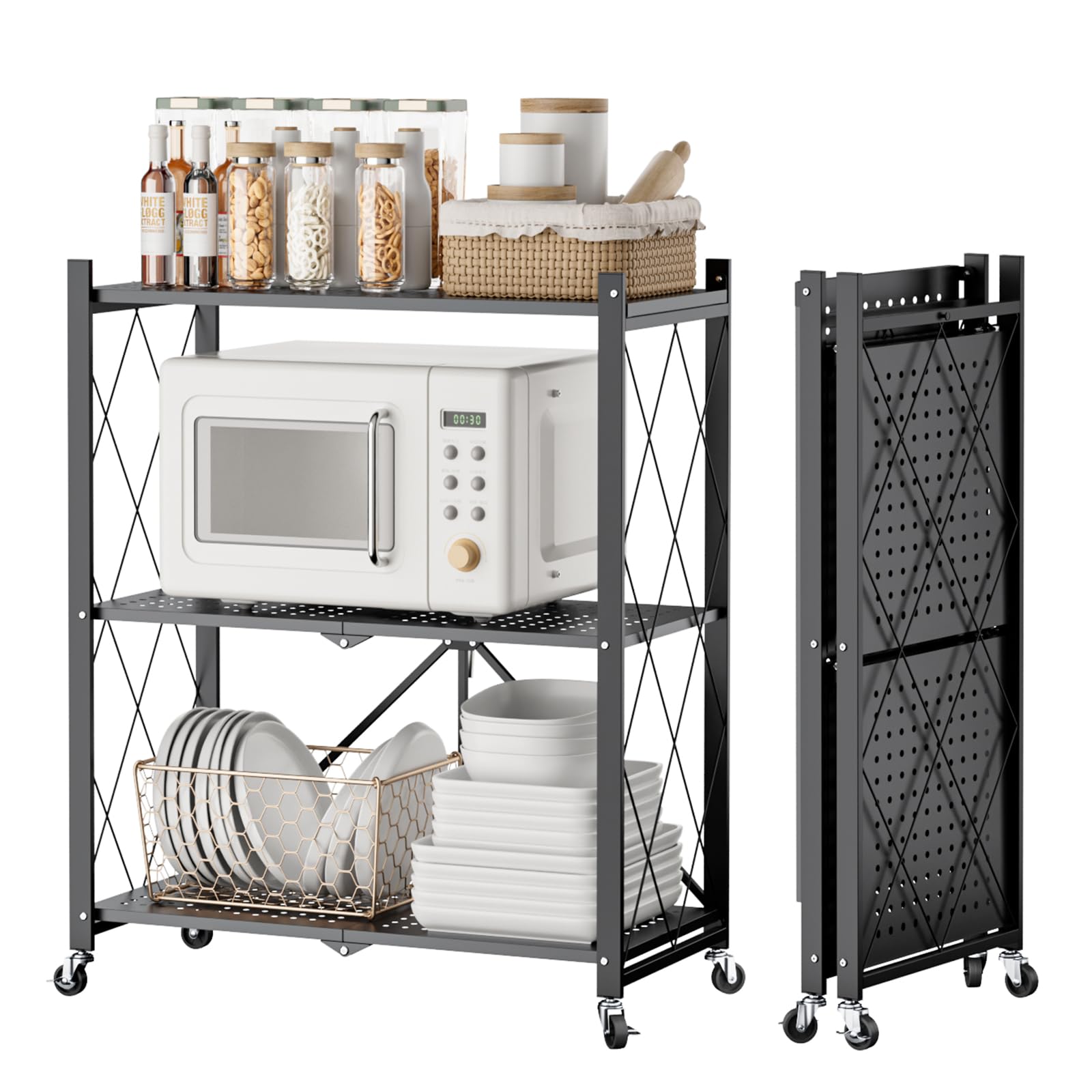 DEWEL 折り畳みラック 折りたたみ式スチールラック メタルラック 3層 幅71CM 360°キャスター付き ラック 収納ラック 収納棚 オープンラック 移動便利 防サビ加工 組立簡単 レンジ台 食器棚 寝室 書斎 応接間 幅71×奥行35×高さ87cm