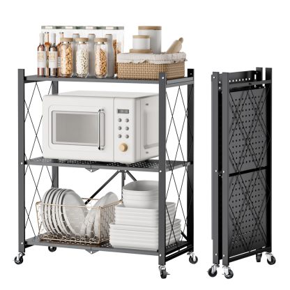 DEWEL 折り畳みラック 折りたたみ式スチールラック メタルラック 3層 幅71CM 360°キャスター付き ラック 収納ラック 収納棚 オープンラック 移動便利 防サビ加工 組立簡単 レンジ台 食器棚 寝室 書斎 応接間 幅71×奥行35×高さ87cm