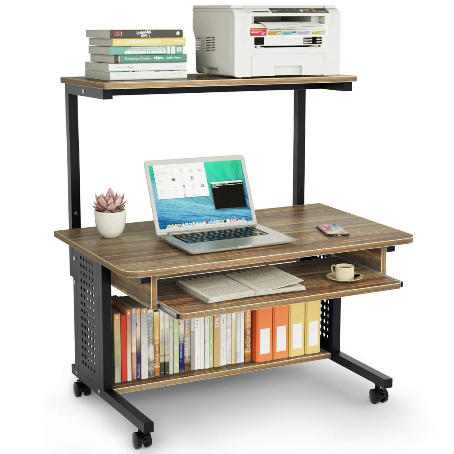 DEWEL ローデスク パソコンデスク ロータイプ テレワーク用 収納棚付 キーボードテーブル付 プリンターラック キャスター付 移動便利 机 pcデスク パソコンラック 収納ラック付き 木製 テーブル 木目柄 PCラック 省スペース シンプルワークデスク 学習机 80X50X100cm(天板の高さ:45cm)