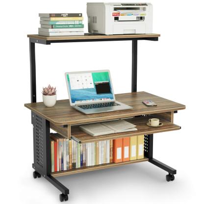 DEWEL ローデスク パソコンデスク ロータイプ テレワーク用 収納棚付 キーボードテーブル付 プリンターラック キャスター付 移動便利 机 pcデスク パソコンラック 収納ラック付き 木製 テーブル 木目柄 PCラック 省スペース シンプルワークデスク 学習机 80X50X100cm(天板の高さ:45cm)