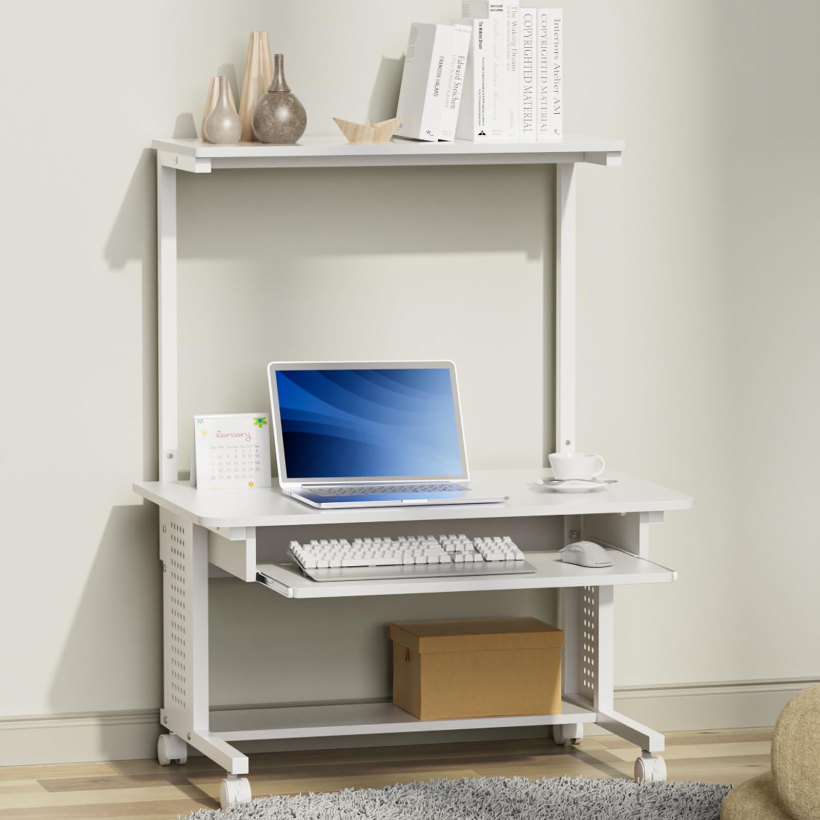 DEWEL ローデスク パソコンデスク ロータイプ テレワーク用 収納棚付 キーボードテーブル付 プリンターラック キャスター付 移動便利 