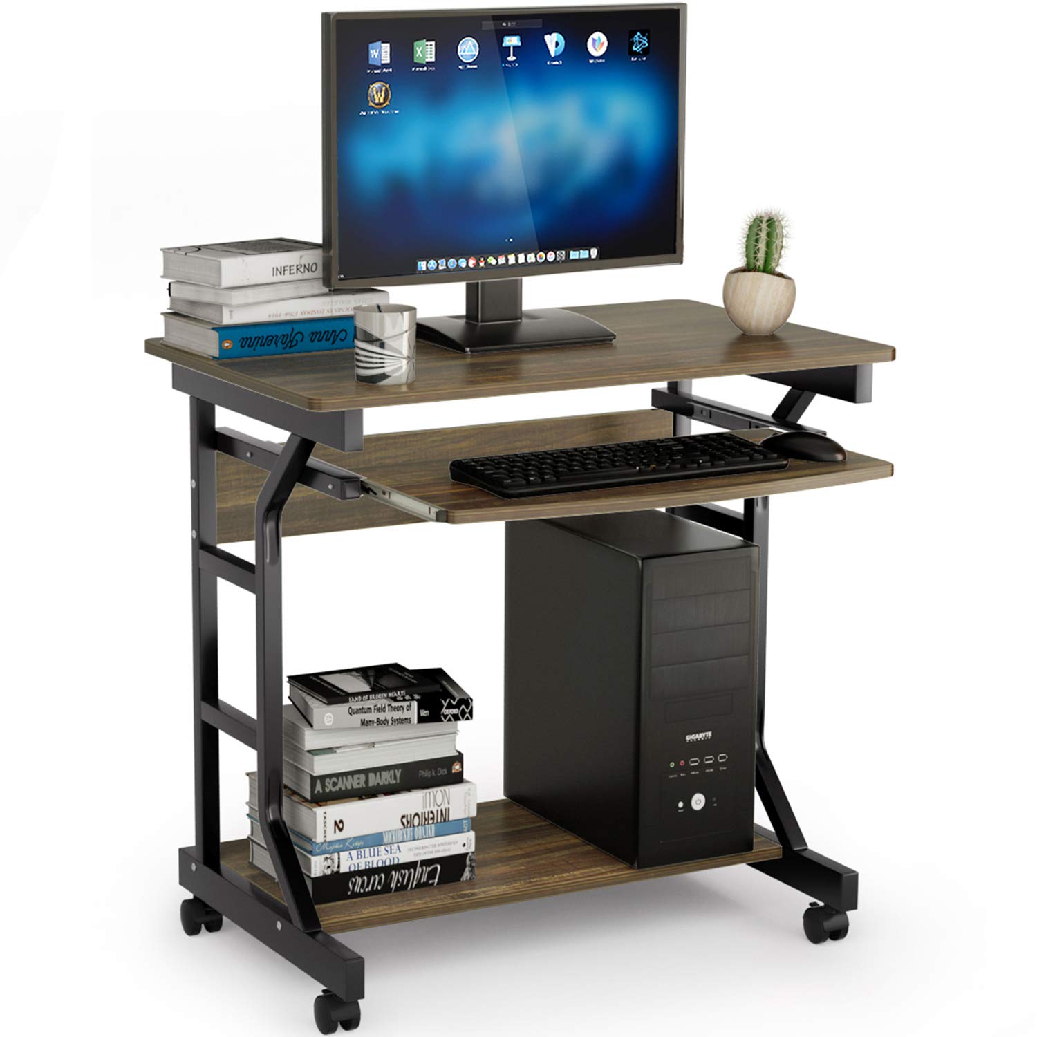 パソコンデスク pcデスク 幅80cm DEWEL テレワーク用 ラック付き 収納つきデスク パソコンラック ワークデスク キーボードスライダー付き キャスター付き 木製 作業台 勉強机 学習机 仕事机 オフィスデスク 省スペース 角丸加工 移動便利 組立簡単 スリム 80X50X75cm