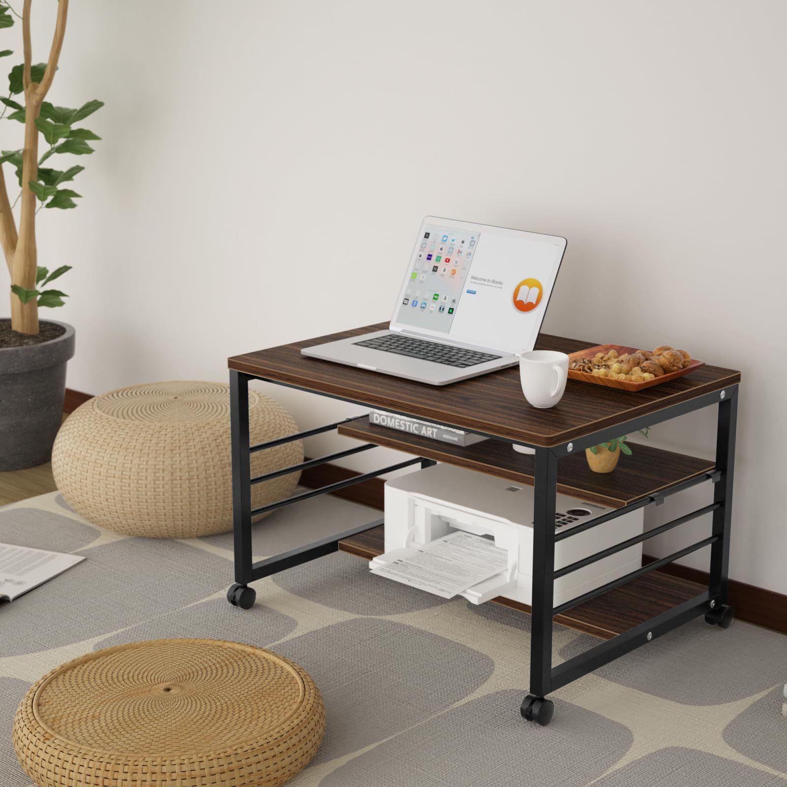 DEWEL パソコンデスク 60cm幅 ローデスク ロータイプ デスク 省スペース コンパクト pcデスク 机 プリンター収納 キャスター付