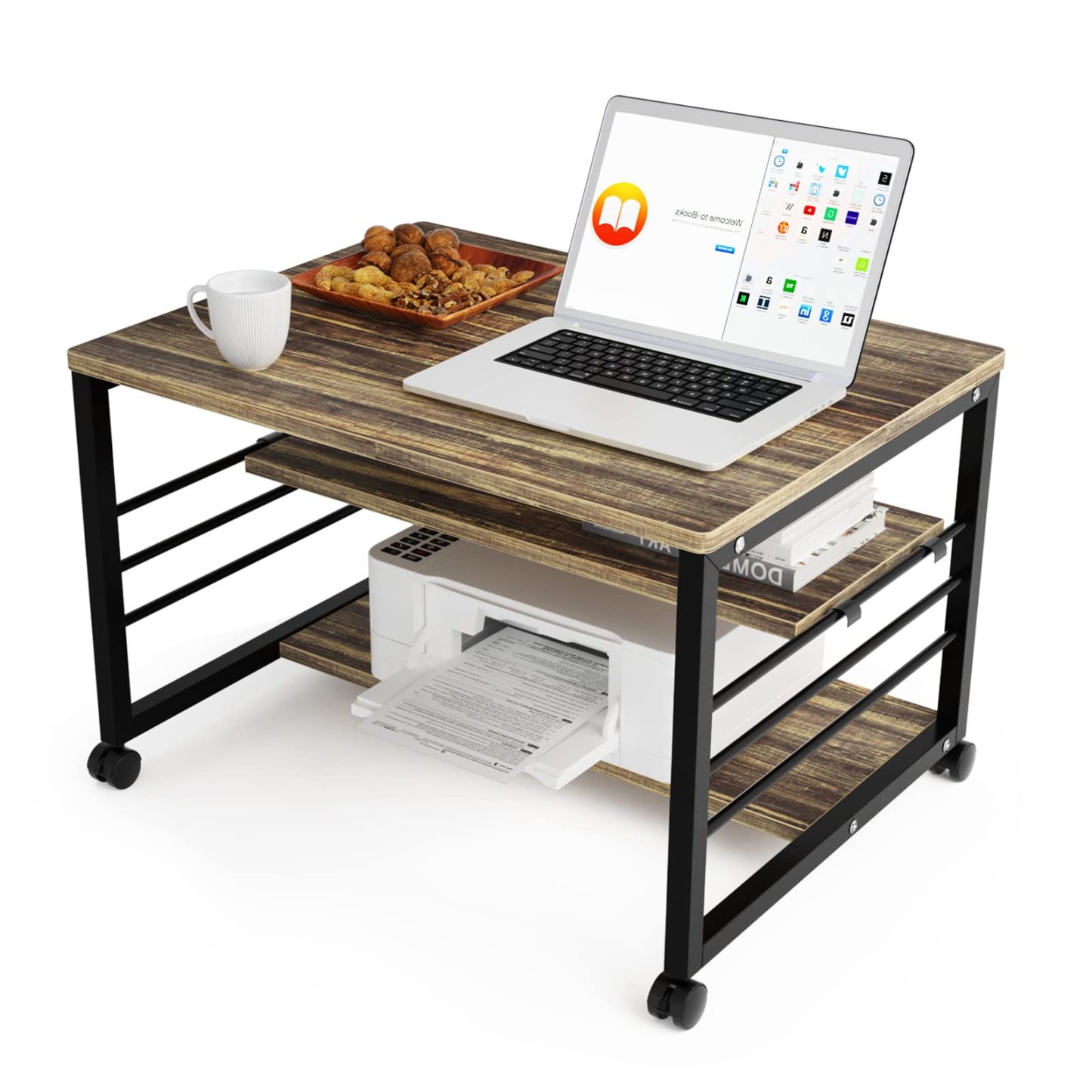 DEWEL パソコンデスク 60cm幅 ローデスク ロータイプ デスク 省スペース コンパクト pcデスク 机 プリンター収納 キャスター付き 作業台 作業机 棚付き 収納 シンプル ナチュラル 北欧 おしゃれ キャスター付き ノートパソコンデスク コンパクト