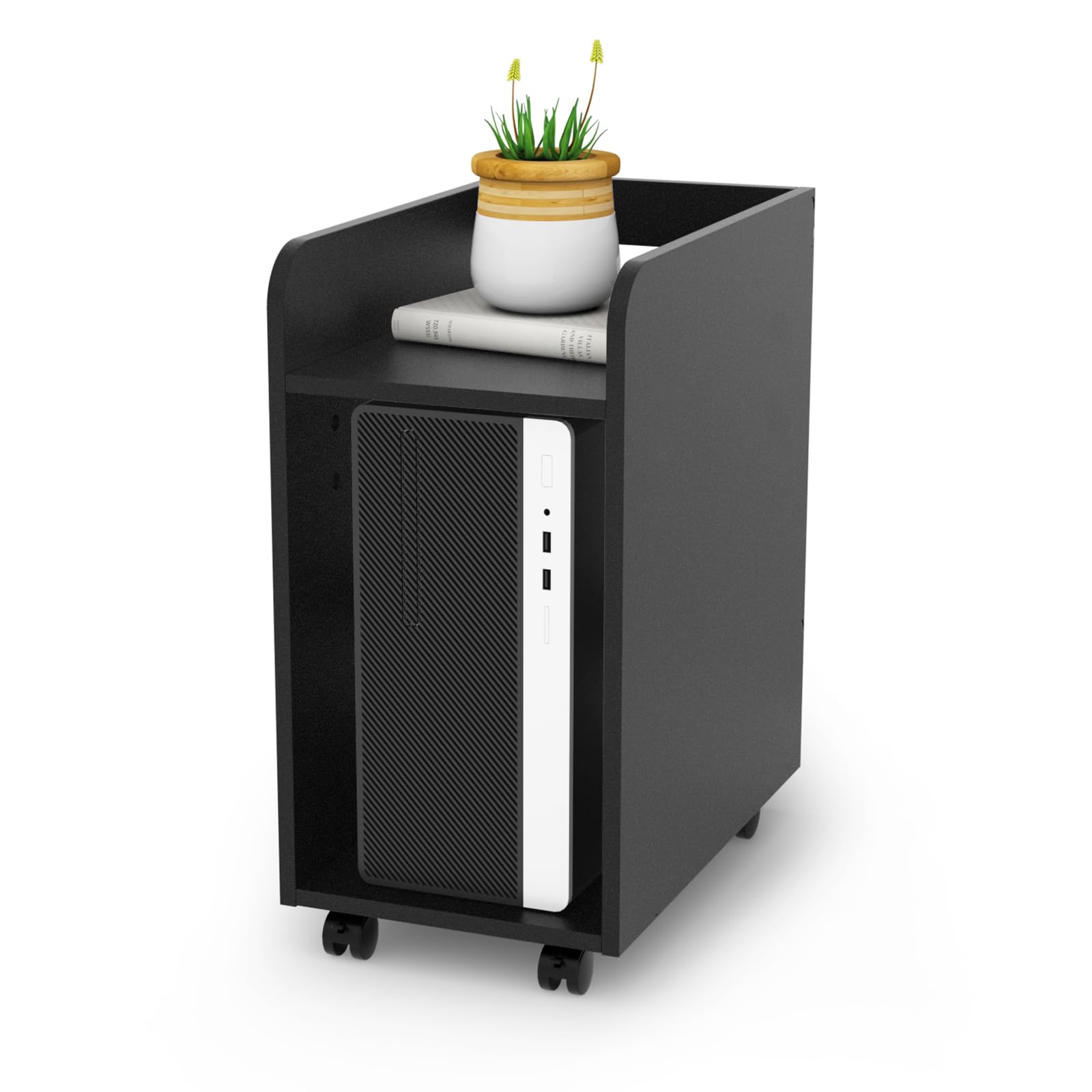 DEWEL pcワゴン 高さ60cm pcラック デスク下 スリム キャスター付き 棚板高さ3段調節 移動便利 丸角加工 メラミン加工 木製