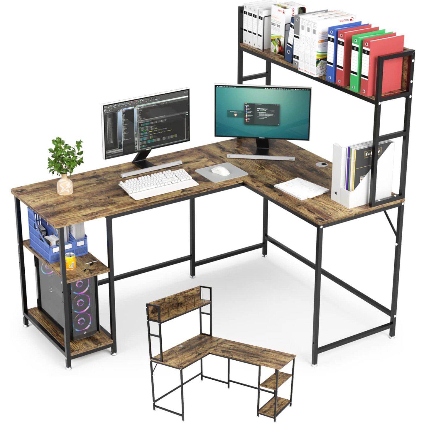 DEWEL パソコンデスク l字デスク 幅150 テレワーク用 左右入替可能 モニターアーム対応 サイドラック付き コーナーデスク オフィスデスク ゲーミングデスク 事務机 配線穴付き 木目柄 グラつき防止 在宅勤務 メラミン加工 150X110X145cm