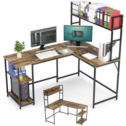 DEWEL パソコンデスク l字デスク 幅150 テレワーク用 左右入替可能 モニターアーム対応 サイドラック付き コーナーデスク オフィスデスク ゲーミングデスク 事務机 配線穴付き 木目柄 グラつき防止 在宅勤務 メラミン加工 150X110X145cm