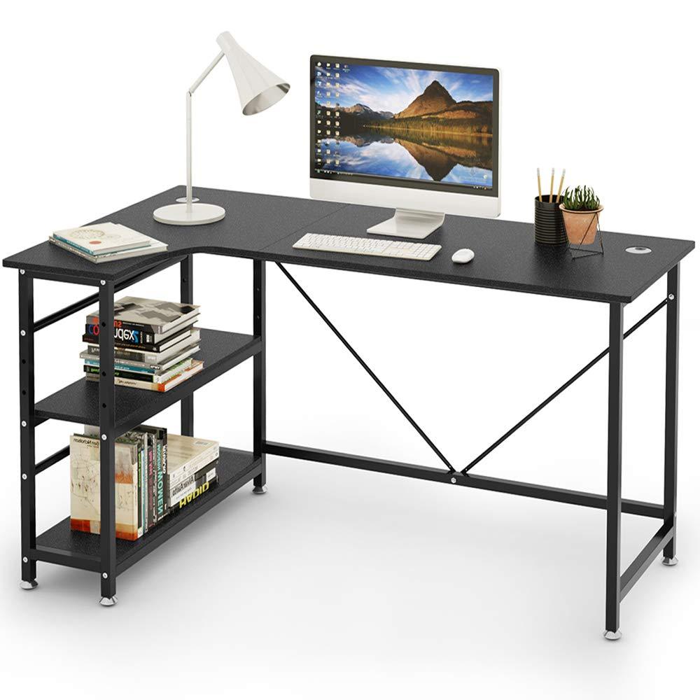 コーナーデスク L字型 幅140cm モニターアーム取付対応 DEWEL パソコンデスク テレワーク用 2段階収納ラック付き ラック付きデスク パソコンラック 木製 L字デスク 収納棚付き アジャスタ付き オフィスデスク PC デスク ワークデスク 事務 机 木目柄 勉強机 省スペース グラつき防止 シンプル メラミン加工 ブラック140X80X75cm