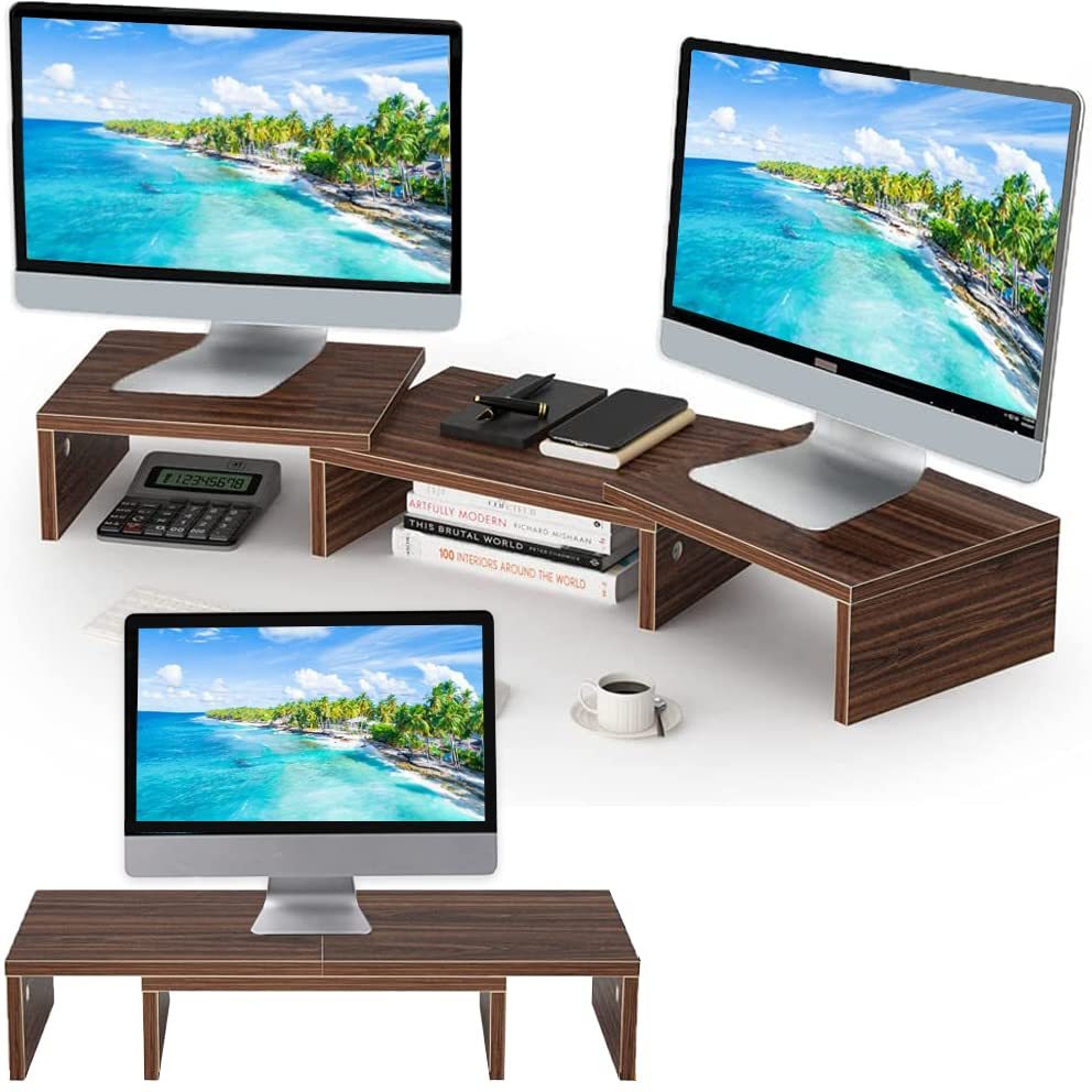 DEWEL デュアルモニタースタンド 木製 折りたたみ式 DEWEL 幅90cm モニター台 机上台 2台モニター対応 長さと角度調整可能 