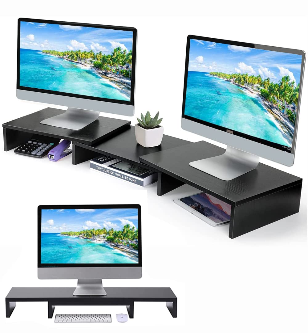 DEWEL デュアルモニタースタンド 木製 折りたたみ式 DEWEL 幅90cm モニター台 机上台 2台モニター対応 長さと角度調整可能 耐荷重40kg 机上ラック 3段 幅300+幅315+幅300mm 組立簡単 デスクボード ノートパソコンスタンド モニタースタンド パソコン台 デスク収納 机上収納 キーボード収納 PC作業にサポート きれいに 整理 幅900X奥行240X高さ120mm ウォルナット