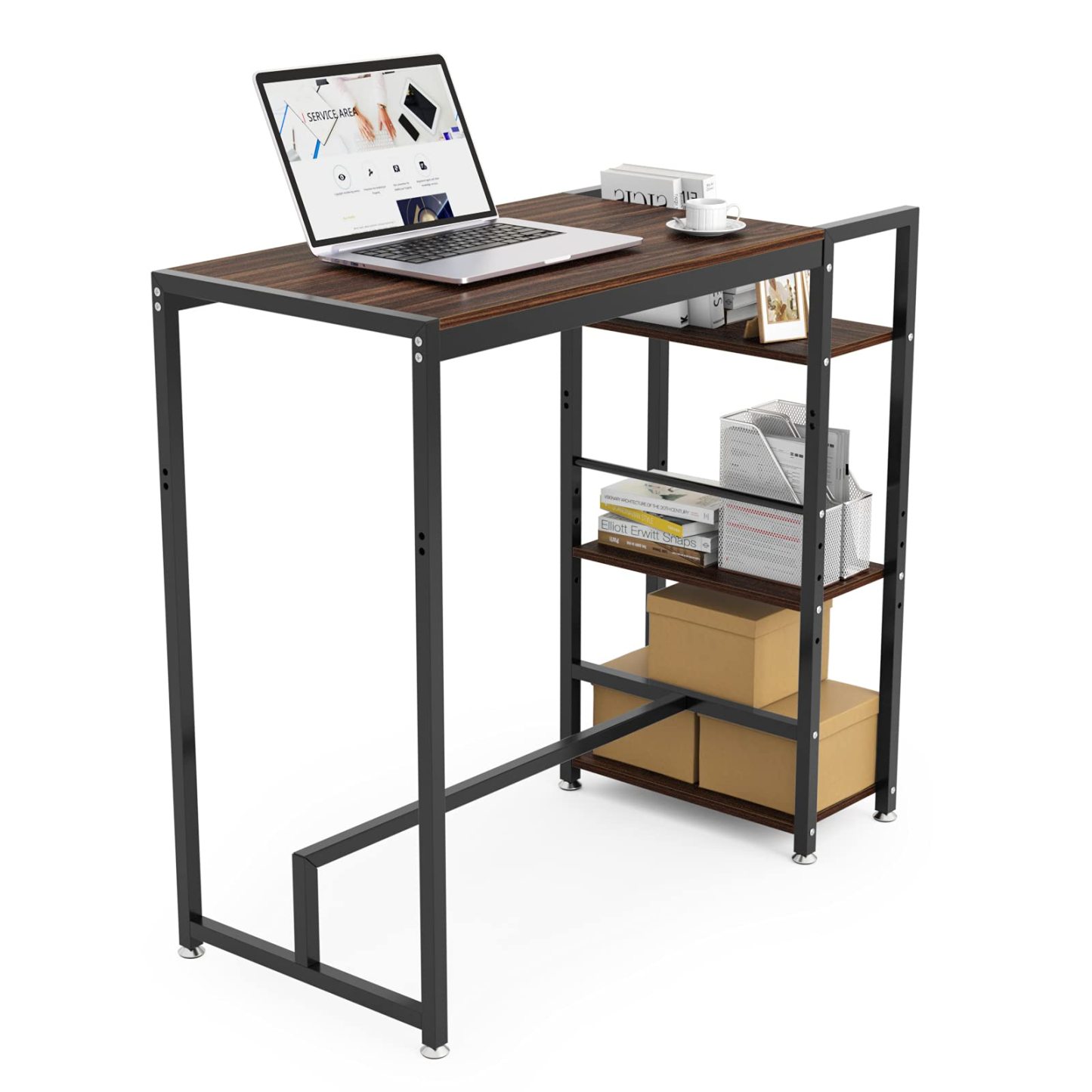 DEWEL スタンディングデスク テレワーク 天板幅75cm 天板高さ100/75cm調節可能 可動棚付き 左右入替可 ハイデスク フットレスト付き メラミン加工 アジャスター付き グラつき防止 総耐荷重60kg ワークデスク ミーティングデスク 木製 100X50X100/75cm ブラウン(木目)