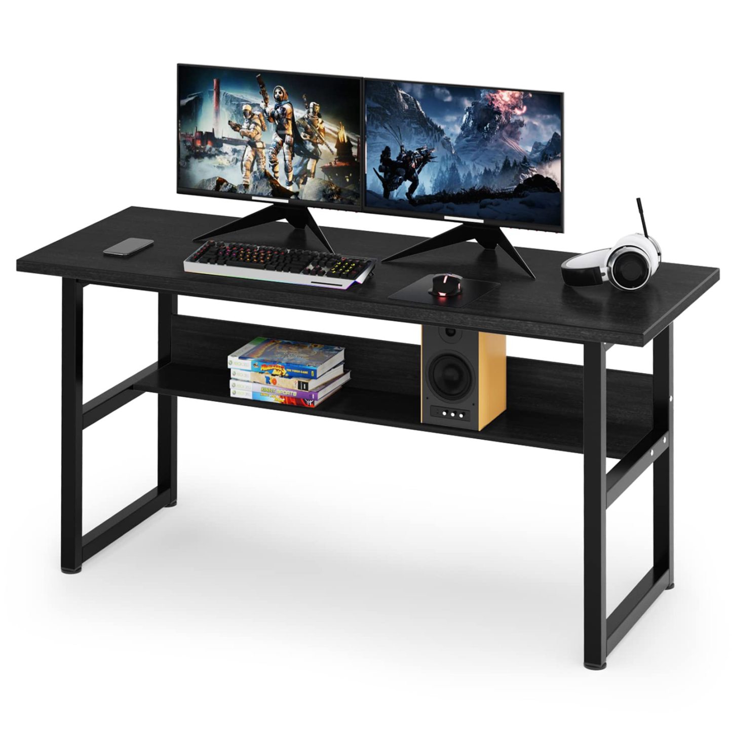 DE WEL ゲーミングデスク パソコンデスク 幅160cm 奥行60cm ゲーミングデスク 収納ラック付き テレワーク用 pcデスク 耐荷重65kg シンプル 広いpcデスク ワークデスク オフィスデスク アジャスター付き 収納つきデスク 勉強デスク 勉強机 木製 シンプル 木目柄 メラミン加工 在宅勤務 160X60X75cm