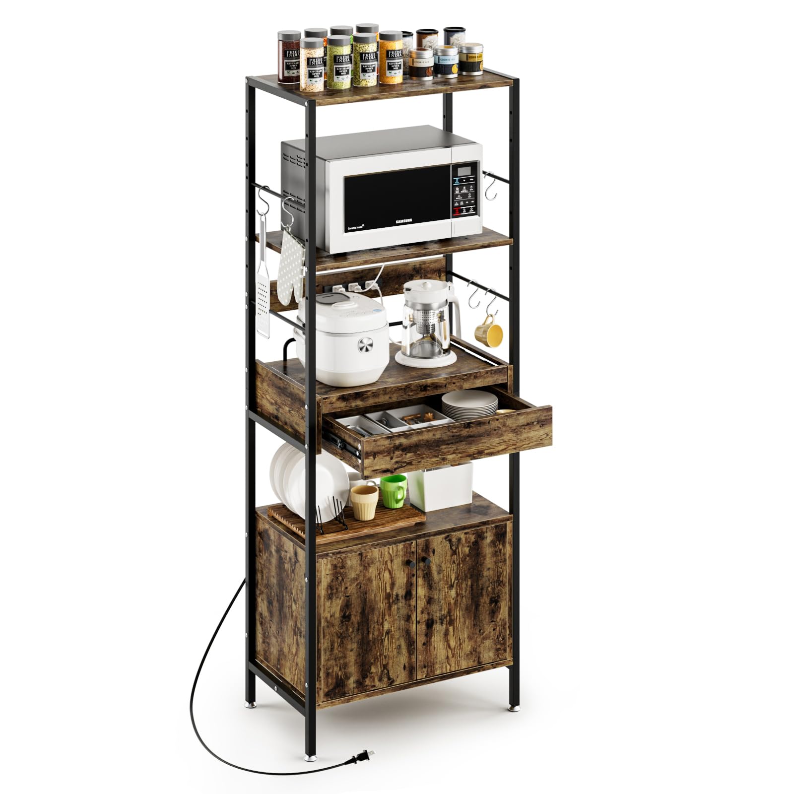 DEWEL キッチンラック キッチンワゴンスリム レンジ台 扉付き食器棚 幅60×奥行36×高さ162.5cm 6段式 レンジラック レンジボード ベイカーラック カウンターキッチン キッチン収納 大型レンジ対応 一人暮らし スライド棚 高さ調整可動棚 引き出し付き 3口コンセント付き&S字フック6個付き オープンシェルフ レトロカラー