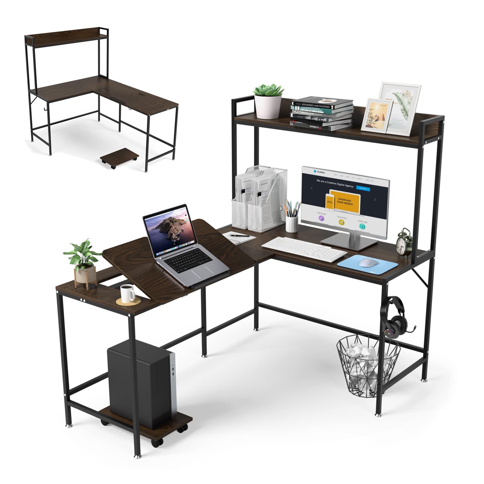 L字パソコンデスク テレワーク 天板5段階角度調整 幅150+114cm 製図机 製図用デスク 天板可動式ワークデスク 天板折りたたみ ゲーミングデスク 在宅勤務 デザイン用デスク ライティングデスク オフィスデスク 学習机 CPUワゴン&フック付属 幅150+114ｘ奥行50ｘ高さ145ｃｍ ウォルナット(木目)