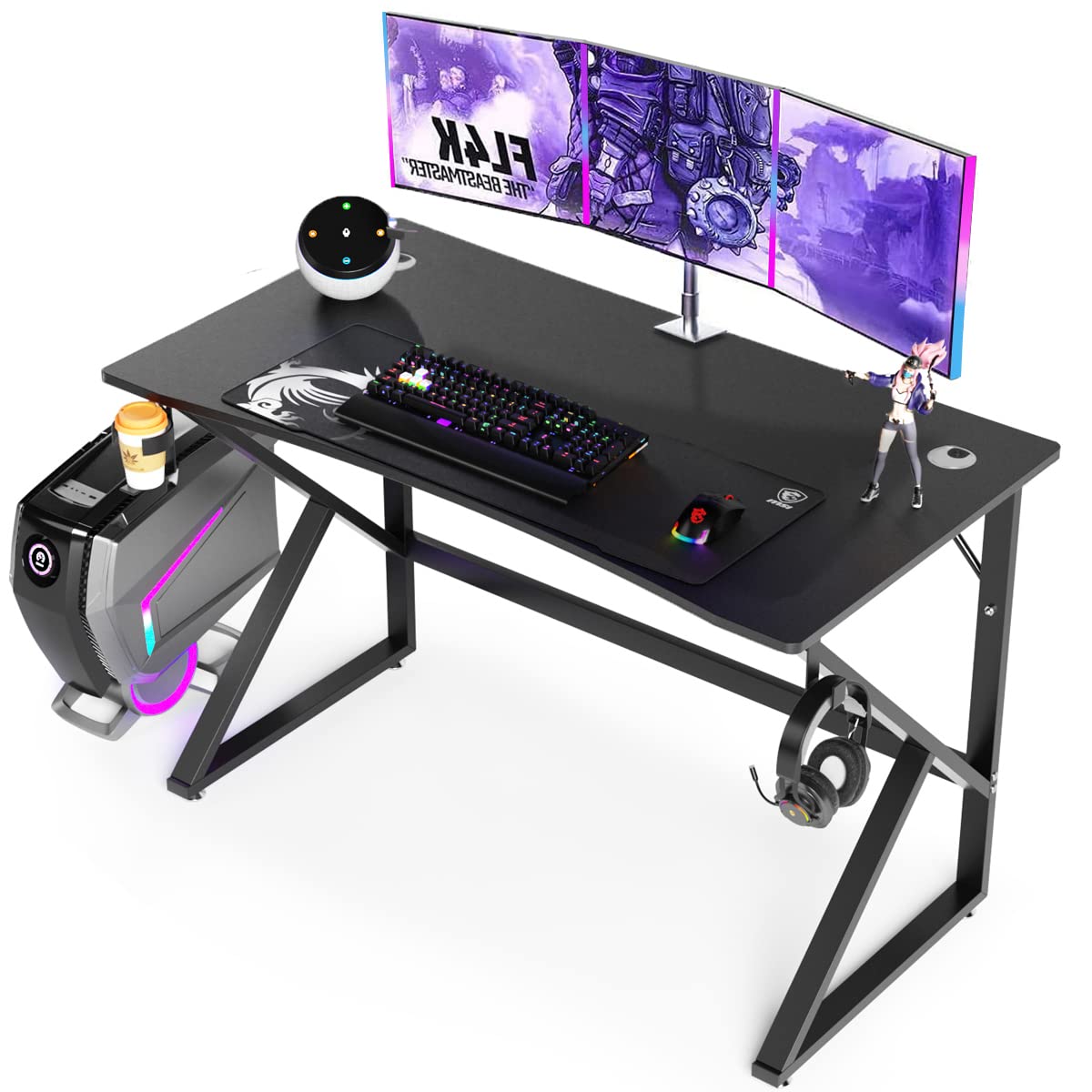 ゲーミングデスク 幅110cm 奥行60cm パソコンデスク ダブル三角形脚 DE WEL pcデスク ゲームデスク ゲーマーに向け モニターアーム対応 耐荷重80kg シンプル 広いpcデスク ワークデスク オフィスデスク アジャスター付き 勉強デスク 勉強机 木製 木目柄 メラミン加工 在宅勤務 カップホルダーとヘッドフォンフック付き110X60X70cm(ブラック)