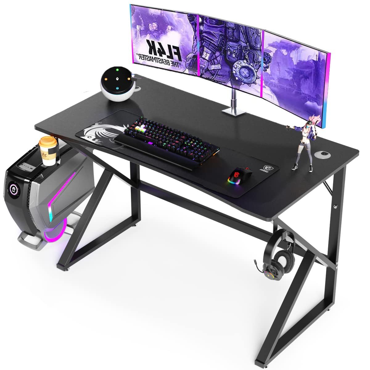 ゲーミングデスク 幅110cm 奥行60cm パソコンデスク ダブル三角形脚 DE WEL pcデスク ゲームデスク ゲーマーに向け モニターアーム対応 耐荷重80kg シンプル 広いpcデスク ワークデスク オフィスデスク アジャスター付き 勉強デスク 勉強机 木製 木目柄 メラミン加工 在宅勤務 カップホルダーとヘッドフォンフック付き110X60X70cm(ブラック)