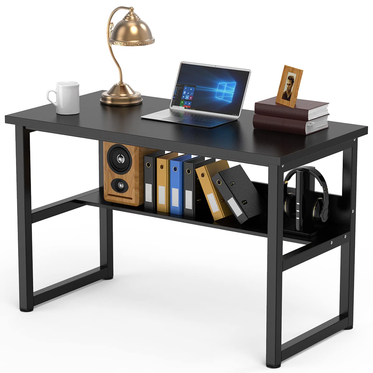 ゲーミングデスクパソコンデスク テレワーク用 幅120cm 奥行60cm シンプル pcデスク 耐荷重65kg 収納ラック付き 広いpcデスク ワークデスク オフィスデスク アジャスター付き 収納つきデスク 勉強デスク 勉強机 木製 シンプル 木目柄 メラミン加工 在宅勤務 120X60X75cm