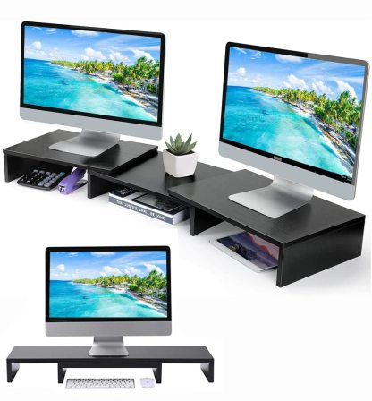 DEWEL デュアルモニタースタンド 木製 折りたたみ式 DEWEL 幅90cm モニター台 机上台 2台モニター対応 長さと角度調整可能 耐荷重40kg 机上ラック 3段 幅300+幅315+幅300mm 組立簡単 デスクボード ノートパソコンスタンド モニタースタンド パソコン台 デスク収納 机上収納 キーボード収納 PC作業にサポート きれいに 整理 幅900X奥行240X高さ120mm ウォルナット