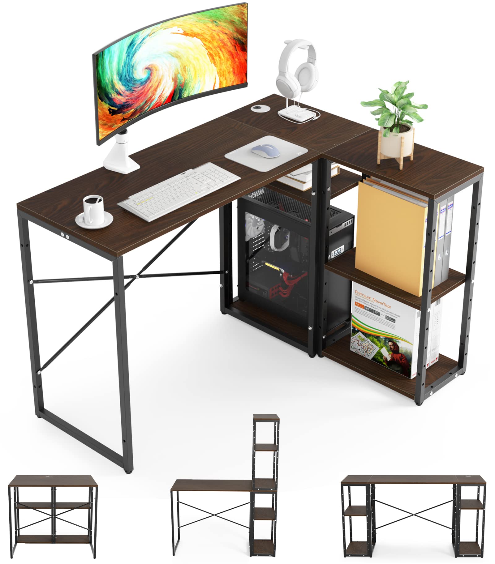 ゲーミングデスク l字デスク デスク DEWEL パソコンデスク 3点セット Ｌ字型 幅80cm～128cm 奥行40cm～80cm 高さ70cm 総耐荷重160kg コーナーデスク 9段階調節 可動棚付き ラック付き ユニットデスク おしゃれ ワークデスク 棚 棚付き 組み替え 勉強机 コンパクト シンプル 組み合わせ