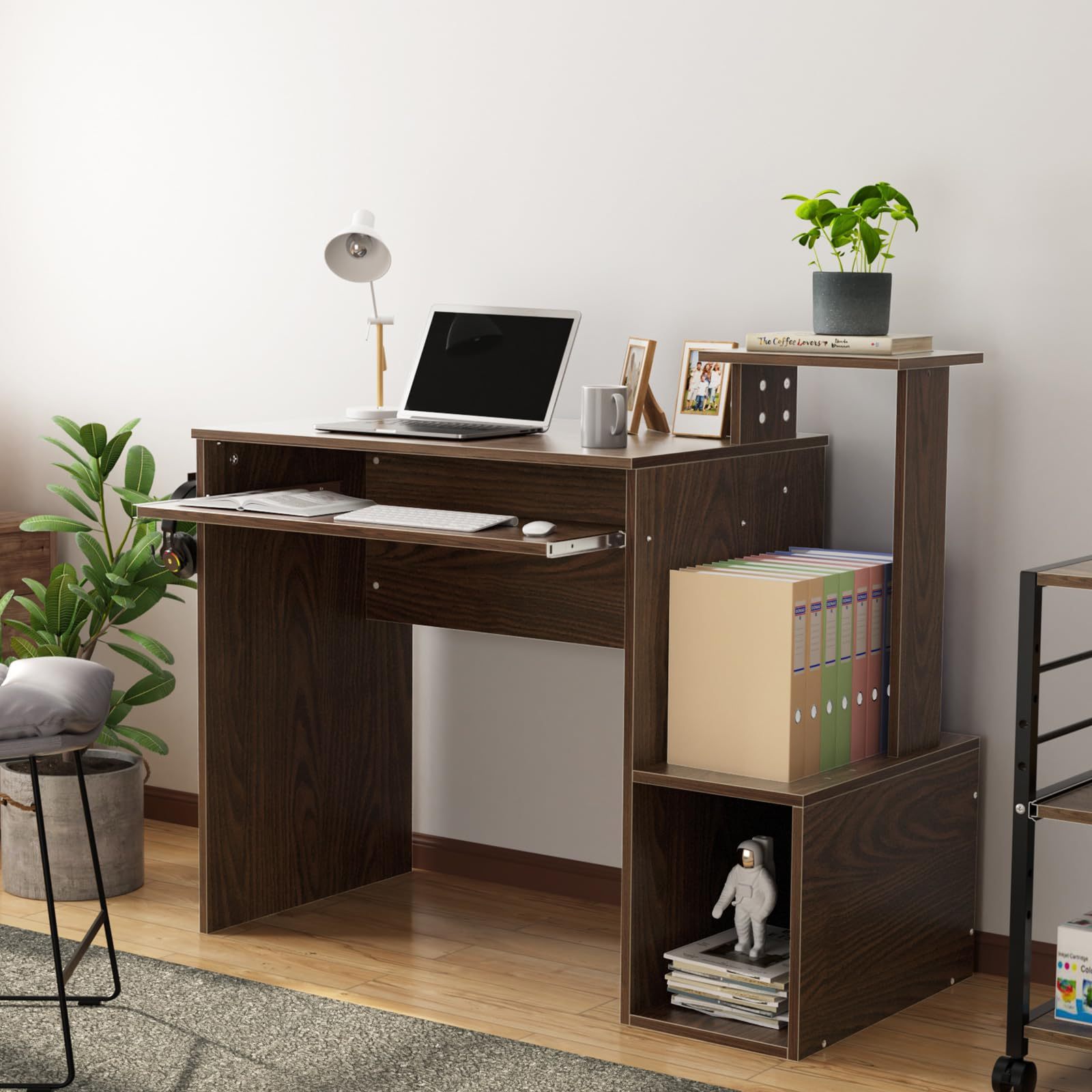 DEWEL コンピューターデスク パソコンデスク デスク 机PCデスク 木製デスク コーナーデスク ゲーミングデスク ノートパソコンデスク 収納デスク ゲーム用デスク ワークデスク 書斎 勉強机 学習机 棚付デスク 組立簡単 左右入替可能 101*50*87 (ウォールナット)