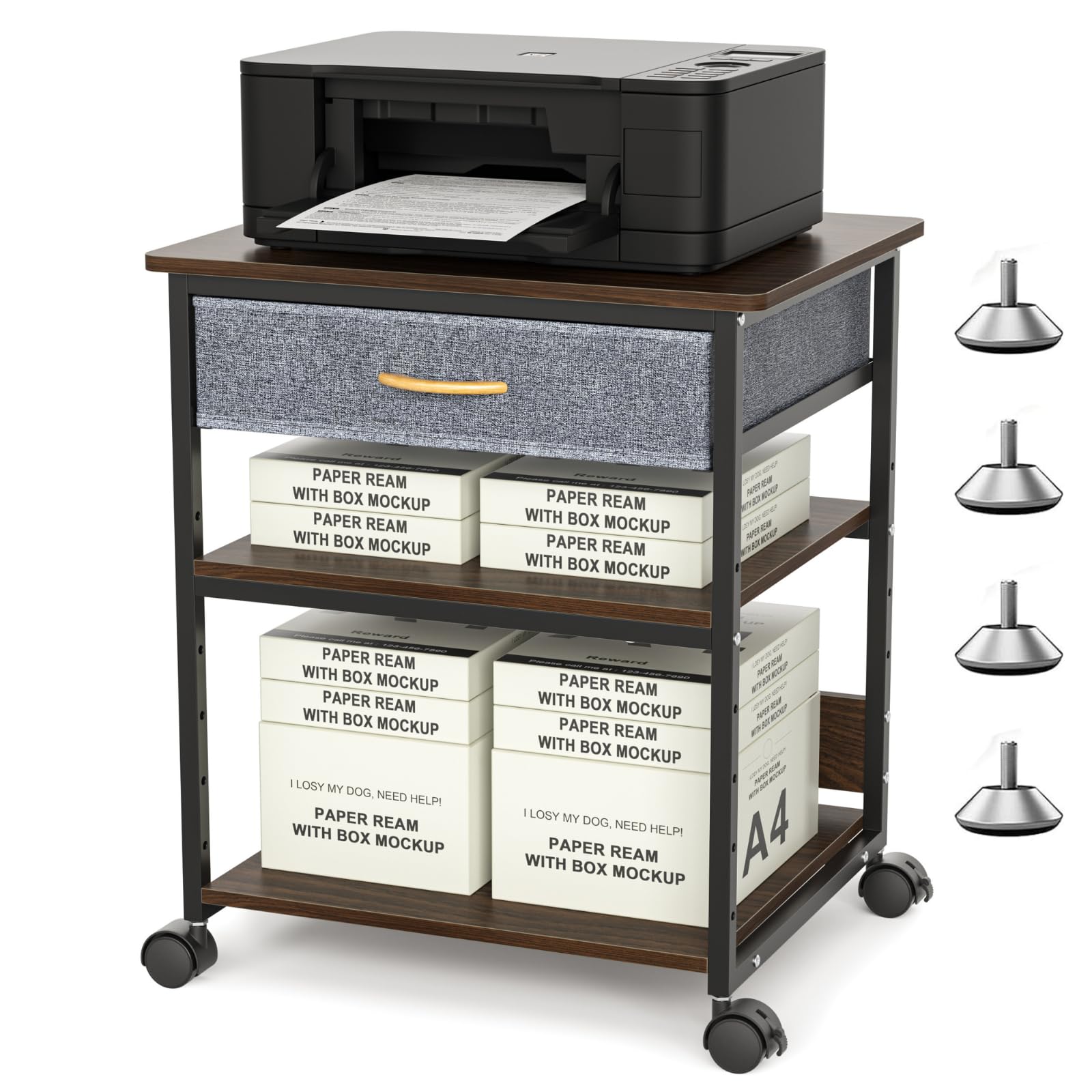 DEWEL プリンター台 キャスター付き 収納 木製 引き出し付き 布製 幅60cm 奥行50cm 高さ70cm 総耐荷重80kg 調整可能 組み立て簡単 オフィス/ホーム用 プリンターラック 木目調 ヴィンテージ調 コピー機台 交換式マット スリム サイド デスク下