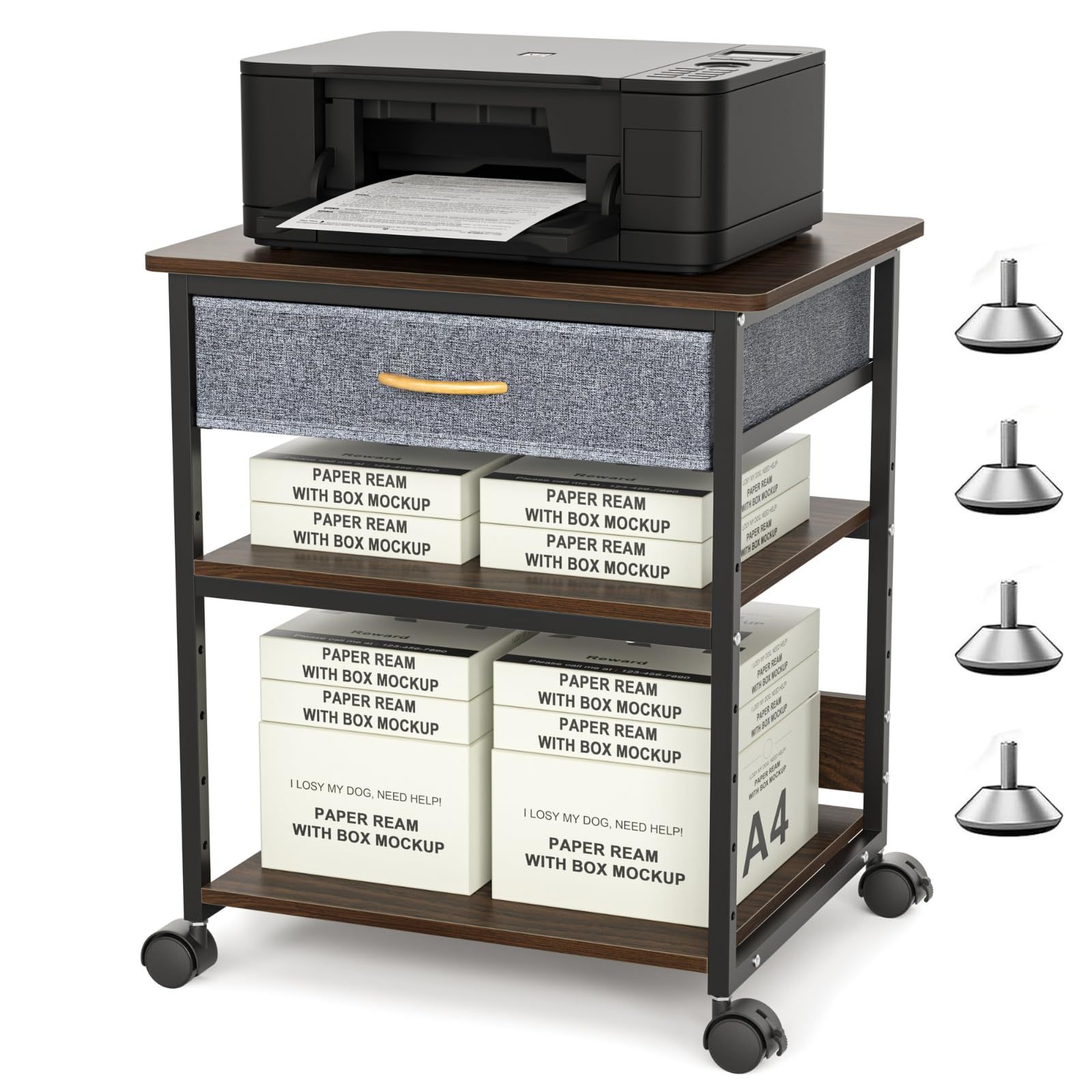 DEWEL プリンター台 キャスター付き 収納 木製 引き出し付き 布製 幅60cm 奥行50cm 高さ70cm 総耐荷重80kg 調整可能 組み立て簡単 オフィス/ホーム用 プリンターラック 木目調 ヴィンテージ調 コピー機台 交換式マット スリム サイド デスク下