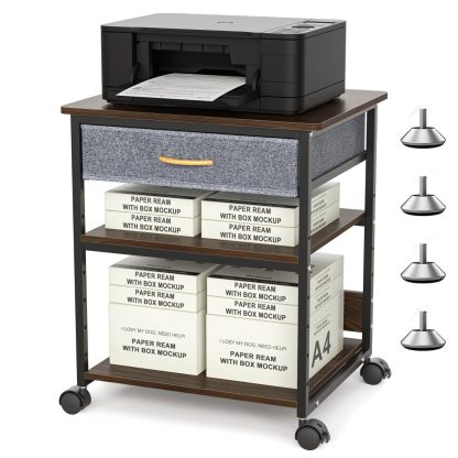 DEWEL プリンター台 キャスター付き 収納 木製 引き出し付き 布製 幅60cm 奥行50cm 高さ70cm 総耐荷重80kg 調整可能 組み立て簡単 オフィス/ホーム用 プリンターラック 木目調 ヴィンテージ調 コピー機台 交換式マット スリム サイド デスク下