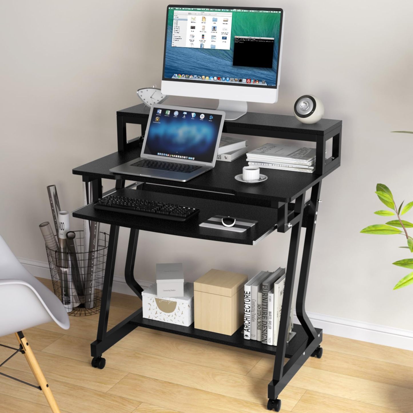 DEWEL パソコンデスク pcデスク 幅80cm モニター台付き キーボードテーブル付き キャスター付き シンプルデスク 収納棚付き 在宅勤務 組立簡単 学習デスク ワークデスク オフィスデスク 勉強机 木目柄 おしゃれ 幅80cm×奥行50cm×高さ90cm ブラック