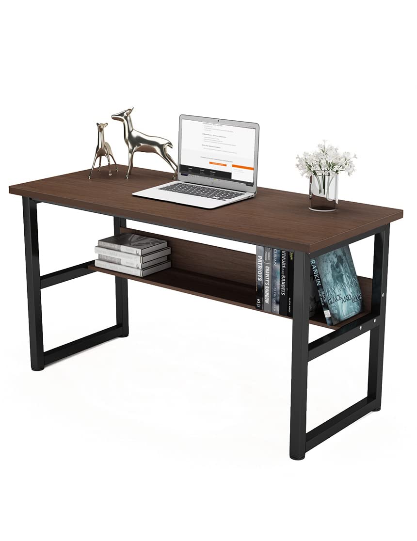 DEWEL ゲーミングデスク デスク パソコンデスク テレワーク用 幅140cm 奥行60cm シンプル pcデスク 耐荷重65kg 収納ラック付き 広いpcデスク ワークデスク オフィスデスク アジャスター付き 収納つきデスク 勉強デスク 勉強机 木製 シンプル 木目柄 メラミン加工 在宅勤務 140X60X75cm