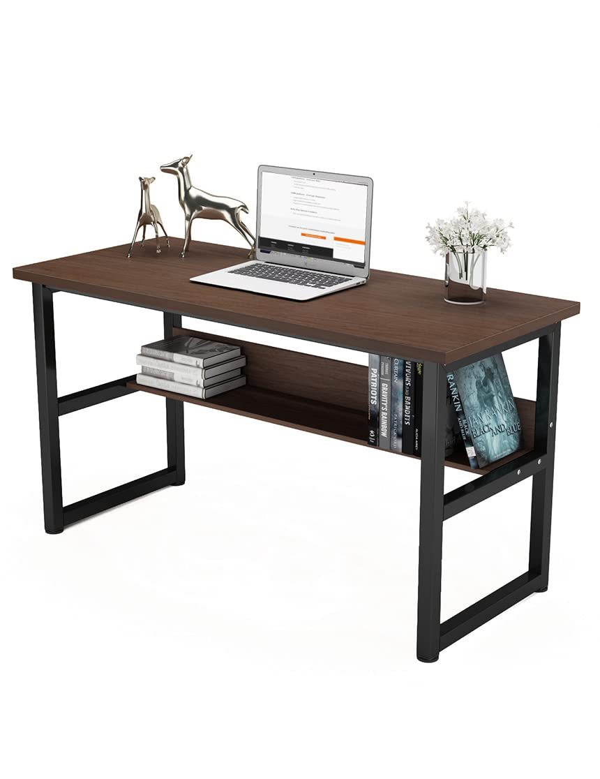DEWEL ゲーミングデスク デスク パソコンデスク テレワーク用 幅140cm 奥行60cm シンプル pcデスク 耐荷重65kg 収納ラック付き 広いpcデスク ワークデスク オフィスデスク アジャスター付き 収納つきデスク 勉強デスク 勉強机 木製 シンプル 木目柄 メラミン加工 在宅勤務 140X60X75cm