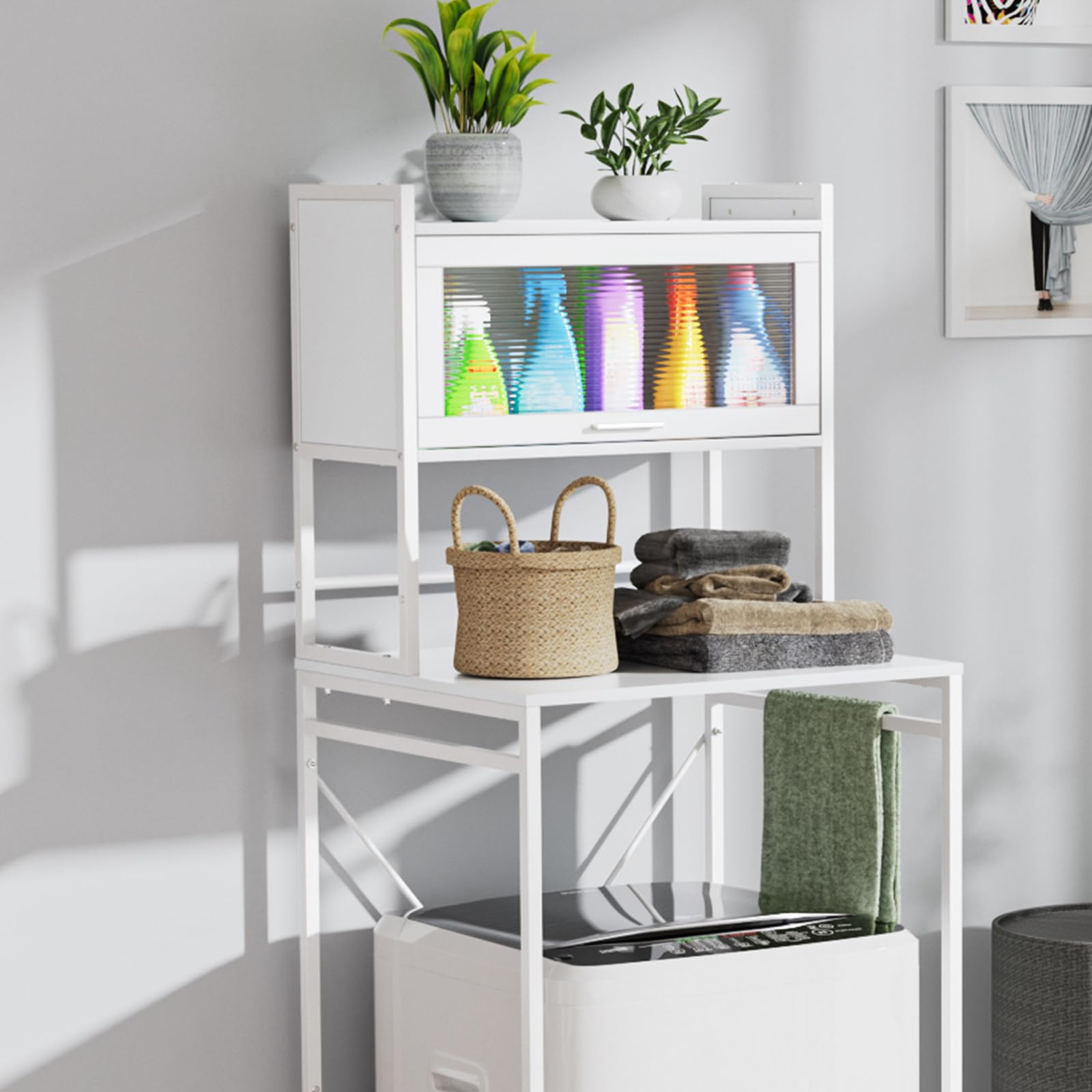 ランドリーラック 棚付き 3段式 洗濯機ラック ホワイト 組立品 DEWEL 金属製 幅68.5cm 高さ183.5cm おしゃれ 総耐荷重30 kg 洗濯機棚 収納棚 省スペース