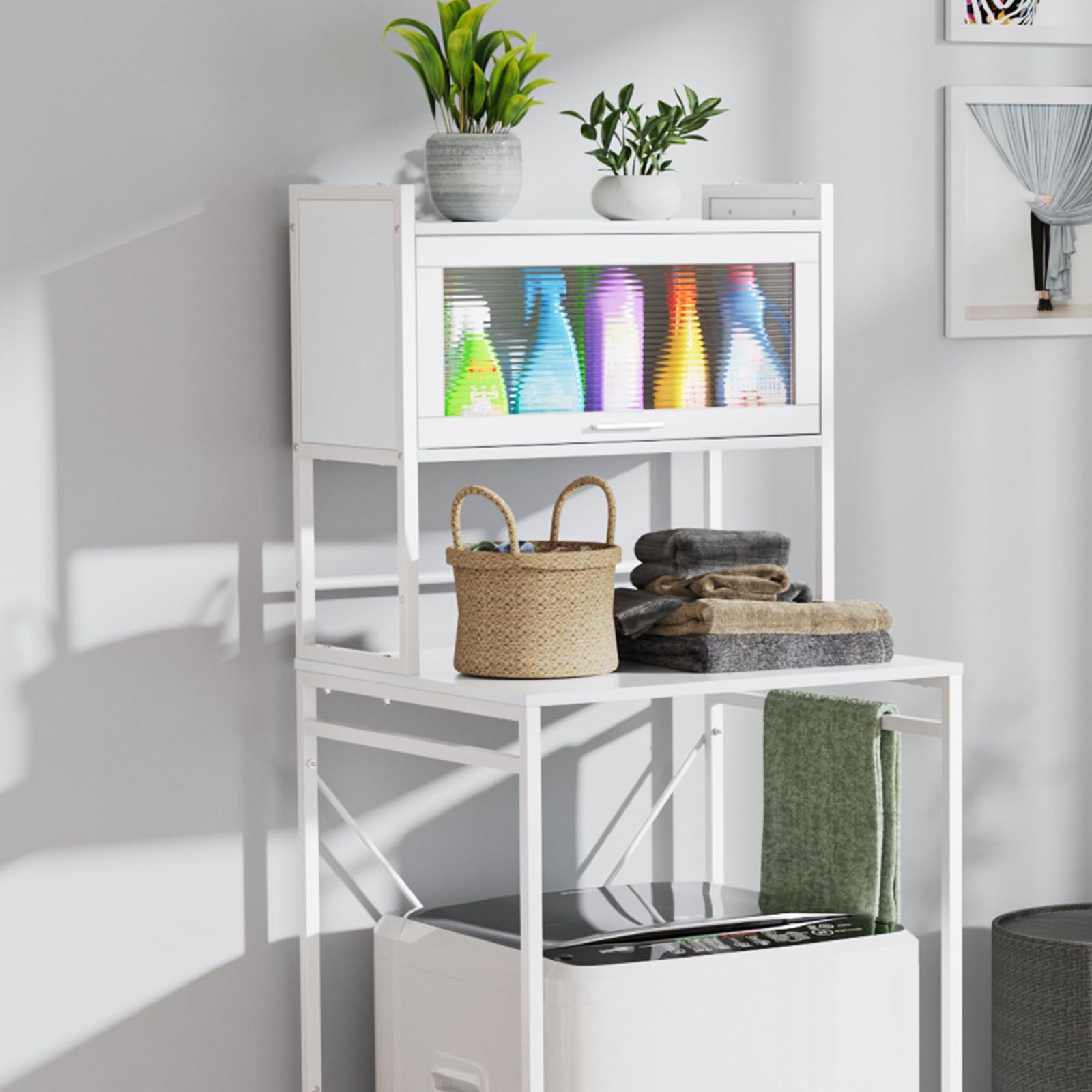 ランドリーラック 棚付き 3段式 洗濯機ラック ホワイト 組立品 DEWEL 金属製 幅68.5cm 高さ183.5cm おしゃれ 総耐荷重30 kg 洗濯機棚 収納棚 省スペース