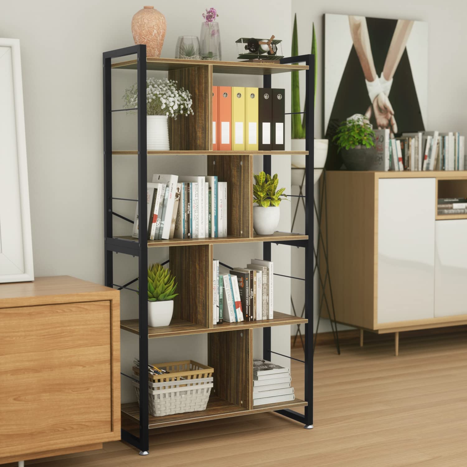 オープンシェルフ ラック 棚 5段 DEWEL 幅75cm 高さ150cm オープンラック おしゃれ 収納棚 本棚 木製 スチールフレーム 木目調 ディスプレイラック シェルフ フラワースタンド 飾り棚 キッチン収納 北欧 幅75×奥行35×高さ150cm