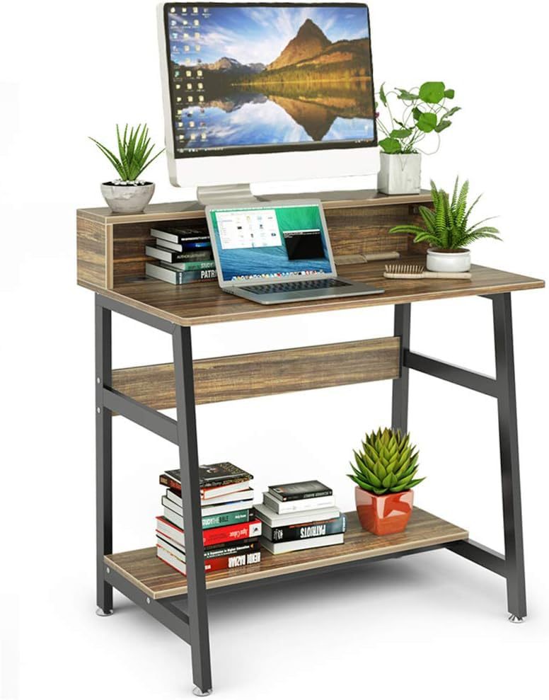 DEWEL パソコンデスク 机 テレワーク用 モニタースタンド付き 幅80cm 高さ90cm 耐荷重70kg pcデスク ワークデスク オフィスデスク ハーデスク 収納ラック付き 収納つきデスク 勉強デスク 勉強机 木製 シンプル 木目柄 メラミン加工 在宅勤務 シンプル 80X50X90cm